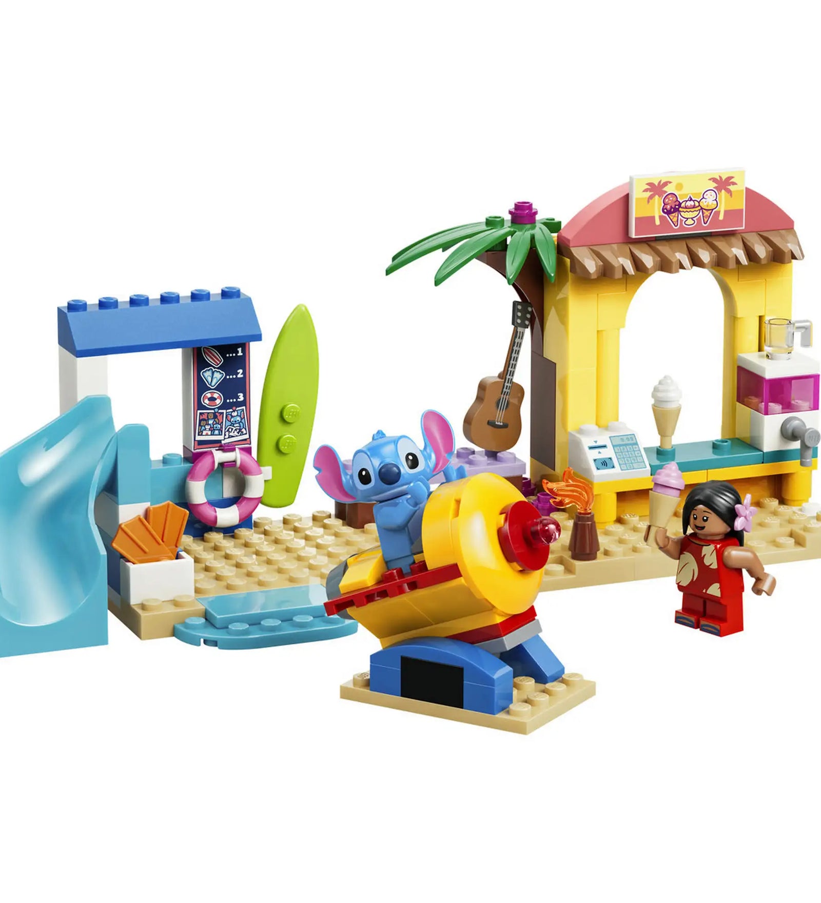 LEGO Disney Lilo és Stitch tengerparti kalandja 43280, 113 darabos készlet teljes összeépített modellje Stitch figurával, strandbüfével, csúszdával és szörfdeszkával.