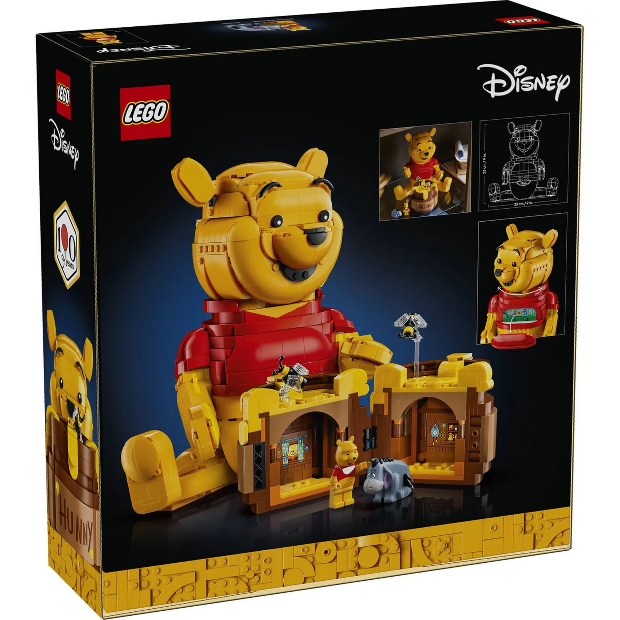 LEGO Disney Micimackó 43300 dobozkép, nagy méretű Micimackó figura és Hunny feliratú mézescsupor rejtett szobákkal.