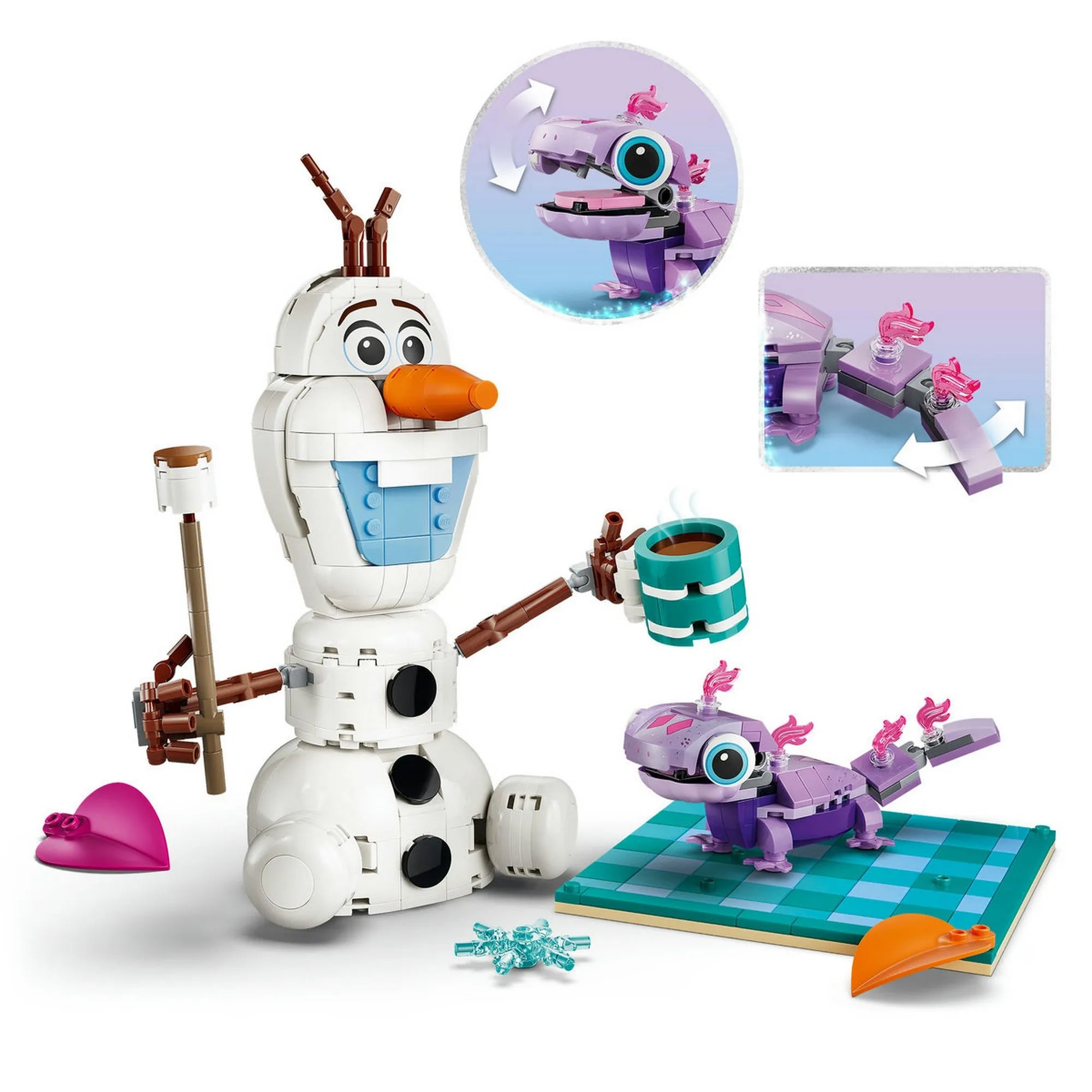 LEGO Disney: Olaf és Bruni vidám piknikezése 43287 – Olaf és Bruni megépített figurái piknikezős kiegészítőkkel, fehér háttéren.