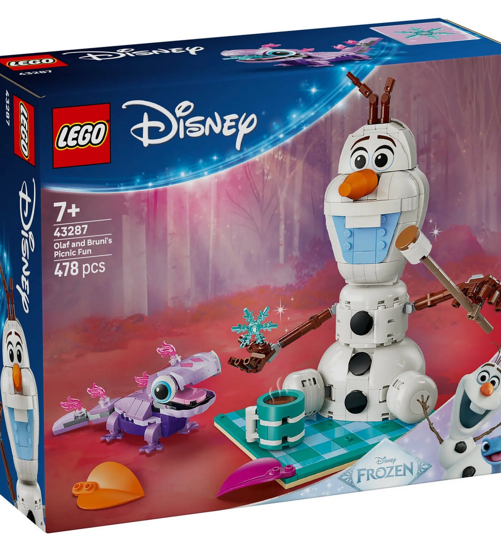 LEGO Disney: Olaf és Bruni vidám piknikezése 43287 – A készlet dobozképe Olaf hóemberrel és Bruni szalamandrával, Jégvarázs hangulatban.