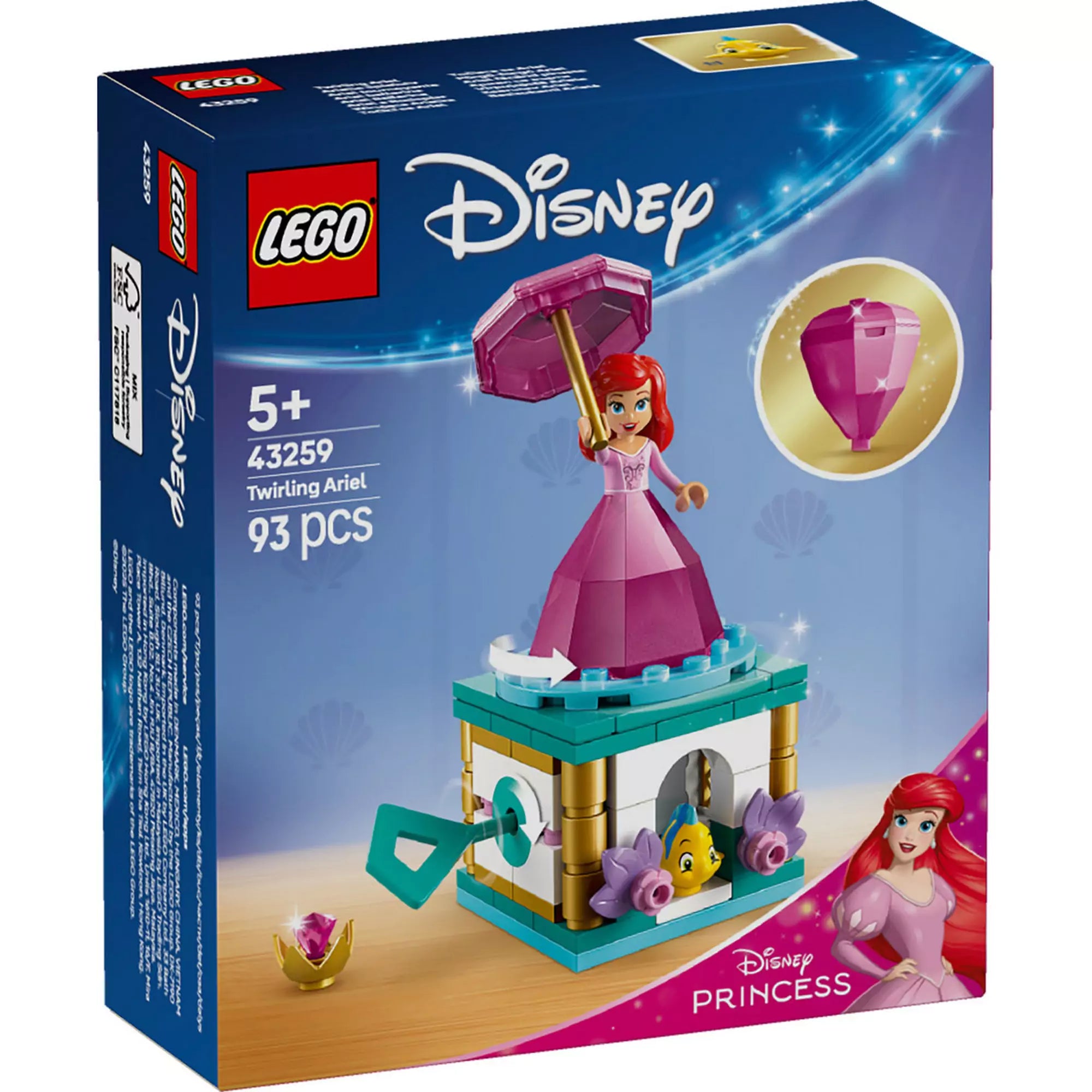LEGO Disney Pörgő-forgó Ariel (43259) termékdoboz bemutatása, Ariel és Flounder minifigurákkal.