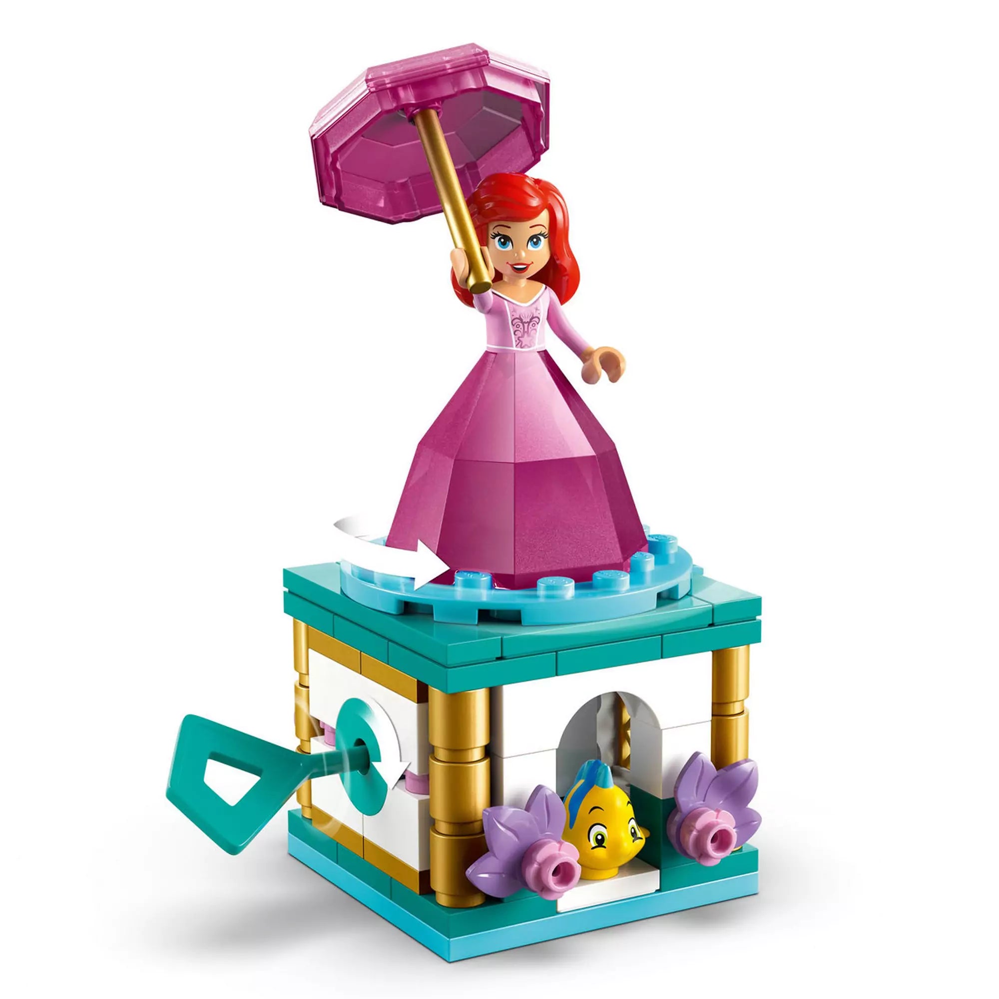 LEGO Disney Pörgő-forgó Ariel (43259) forgó állvány Ariel és Flounder figuráival a játék közben.