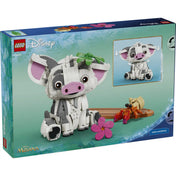 LEGO Disney: Pua 43292, 885 darabos készlet hátoldali dobozképe, amely bemutatja a megépített Pua figurát, a forgatható fejet és a trópusi kiegészítőket.