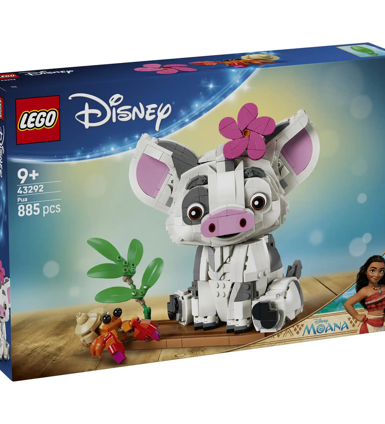 LEGO Disney: Pua 43292, 885 darabos készlet elülső dobozképe a Vaiana film kedvelt malacfigurájával, trópusi talapzattal, pálmalevelekkel és rák kiegészítővel.