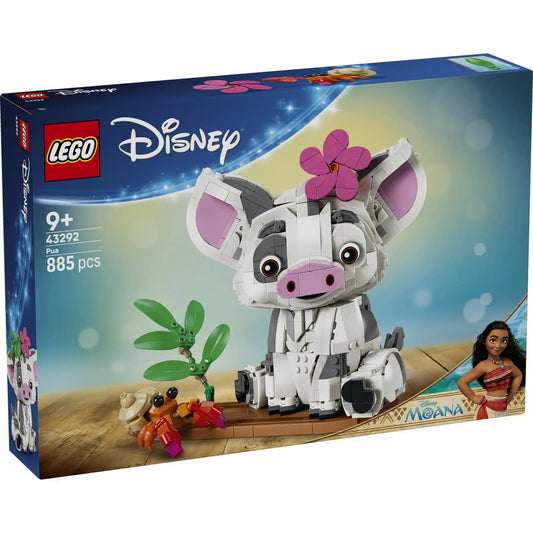 LEGO Disney: Pua 43292, 885 darabos készlet elülső dobozképe a Vaiana film kedvelt malacfigurájával, trópusi talapzattal, pálmalevelekkel és rák kiegészítővel.