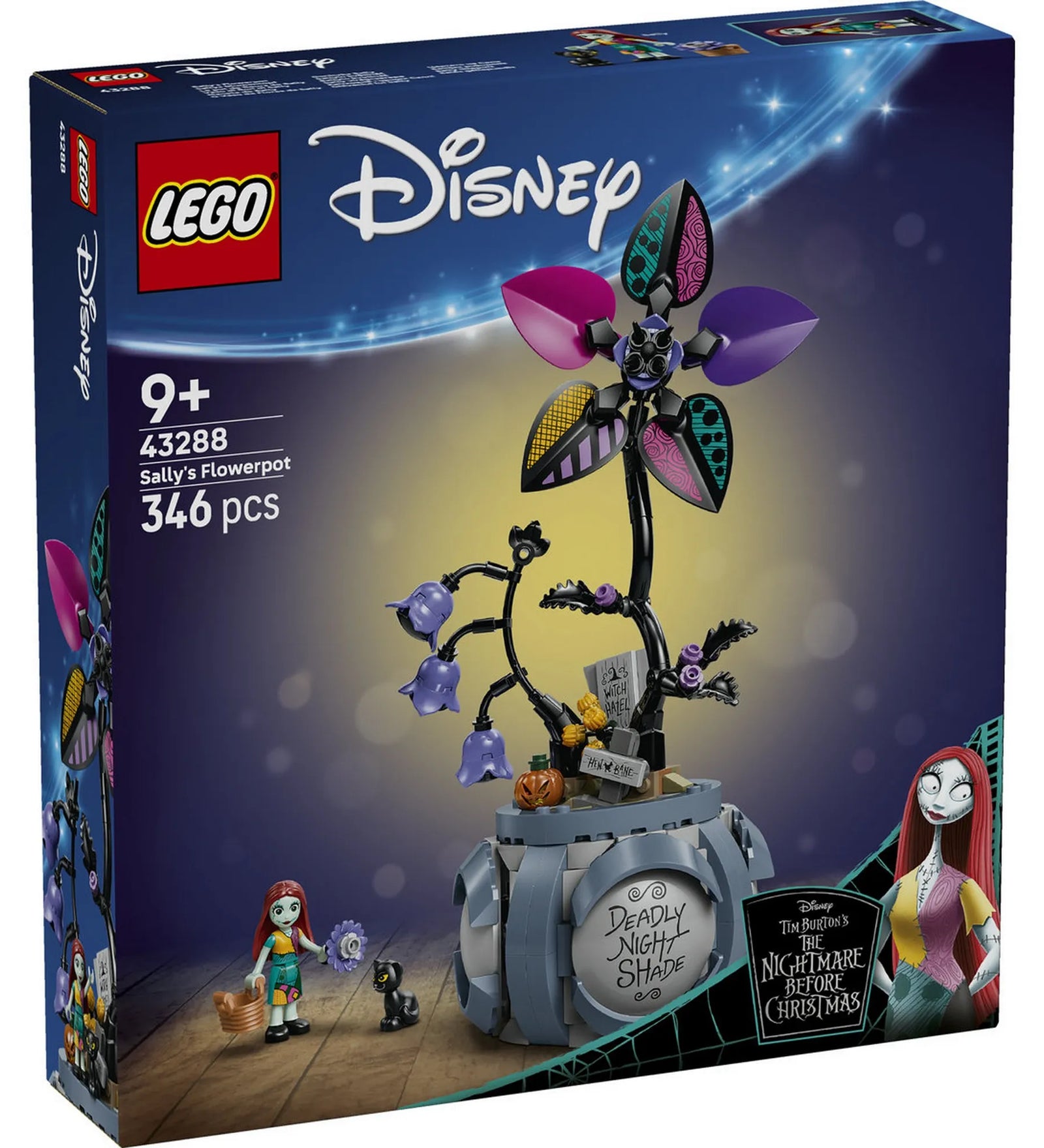 LEGO Disney Sally virágcserepe (43288) építőkészlet dobozképe, Tim Burton Karácsonyi lidércnyomás film ihlette dekoratív virágcserepes modell Sally minifigurával és fekete macskával.