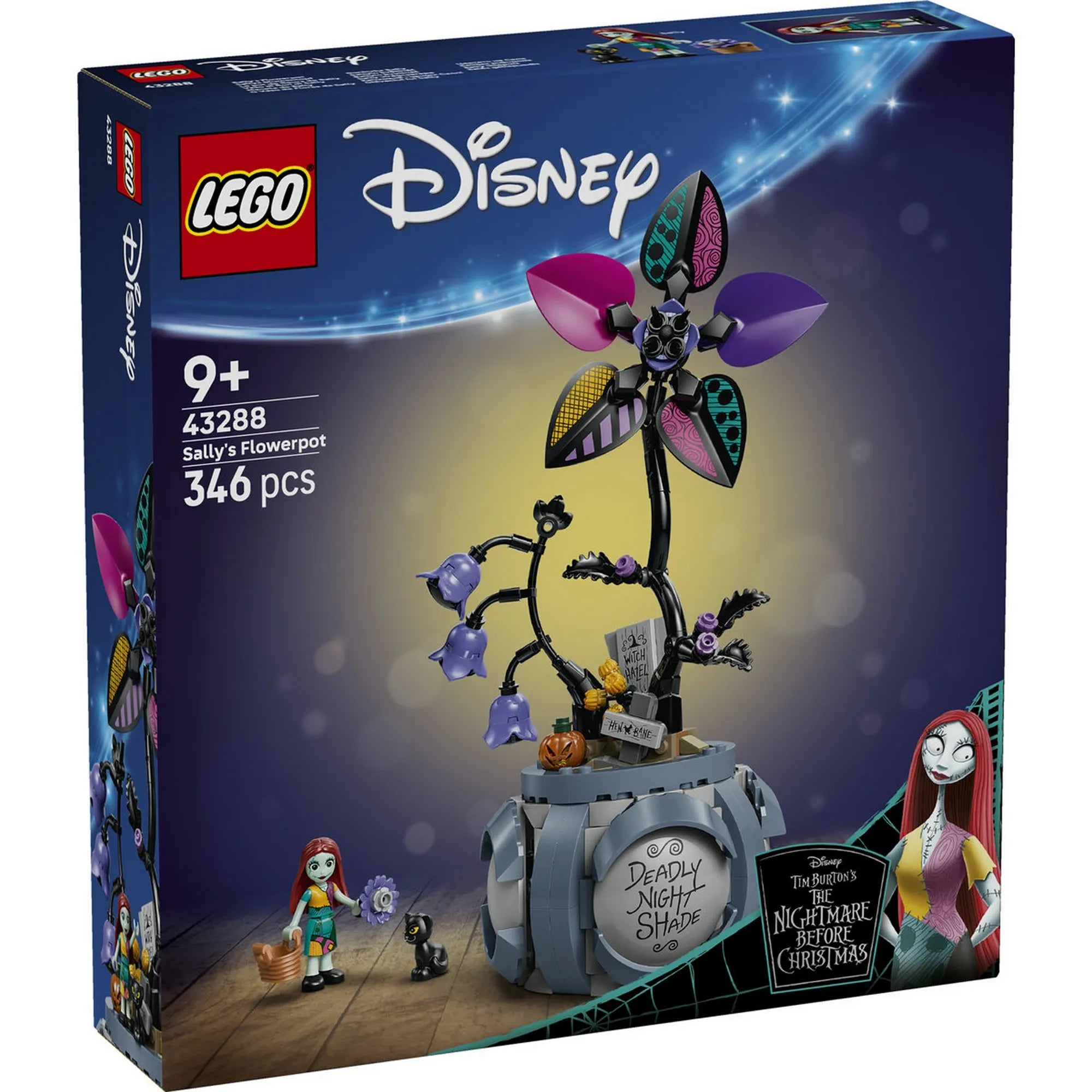 LEGO Disney Sally virágcserepe (43288) építőkészlet dobozképe, Tim Burton Karácsonyi lidércnyomás film ihlette dekoratív virágcserepes modell Sally minifigurával és fekete macskával.