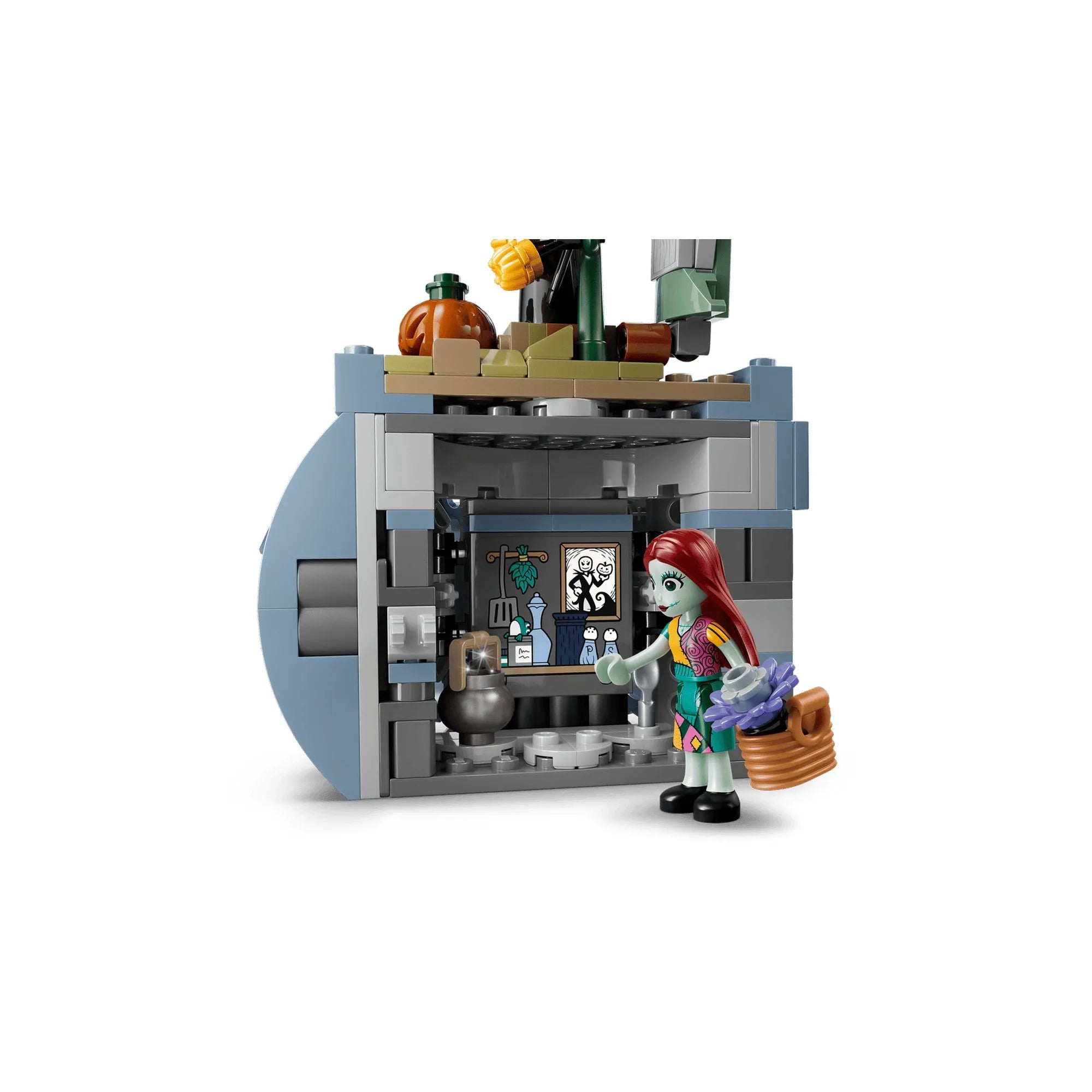 LEGO Disney Sally virágcserepe (43288) készlet rejtett belső szobája Sally minifigurával, üsttel, polcokkal és varázslatos konyhai részletekkel.