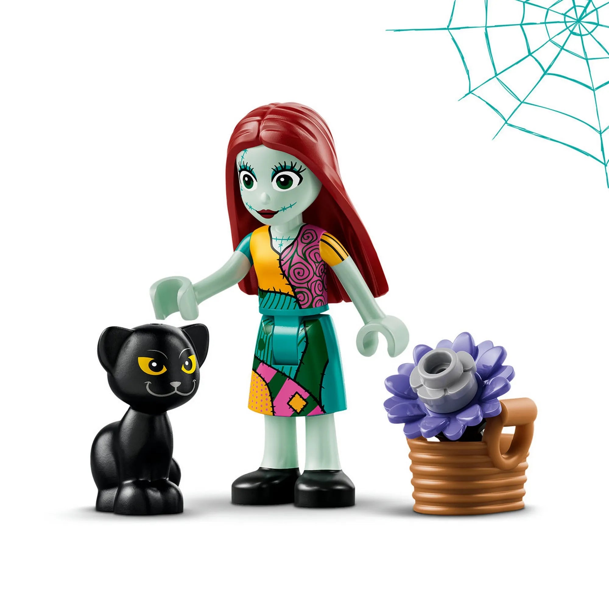 LEGO Disney Sally minifigura a 43288 Sally virágcserepe készletből, fekete macskával és virágkosárral, Tim Burton Karácsonyi lidércnyomás film karaktereivel.