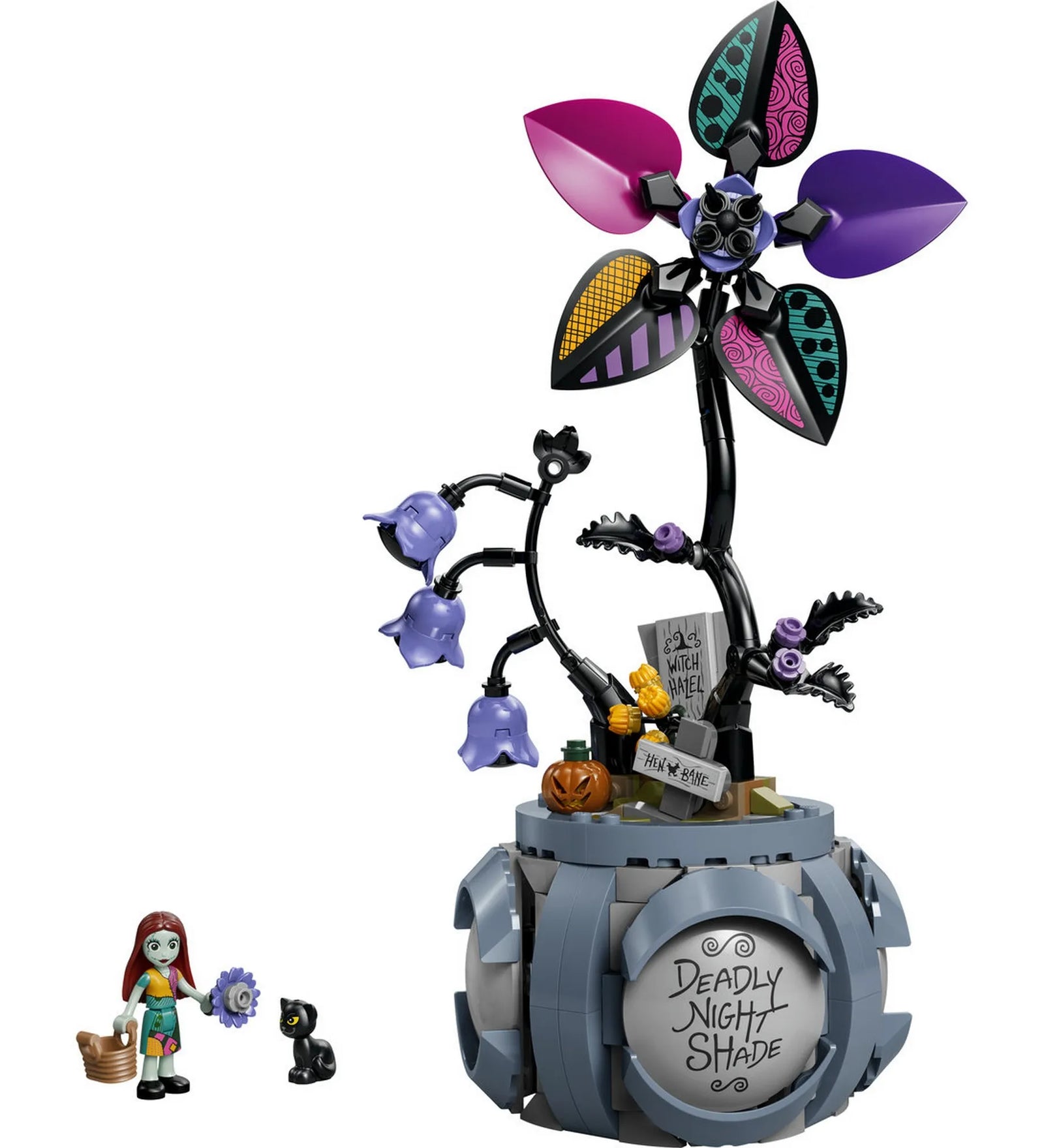 LEGO Disney Sally virágcserepe (43288) készlet megépített modellje színes, gótikus stílusú virággal, díszes cseréppel, Sally minifigurával és fekete macska figurával.