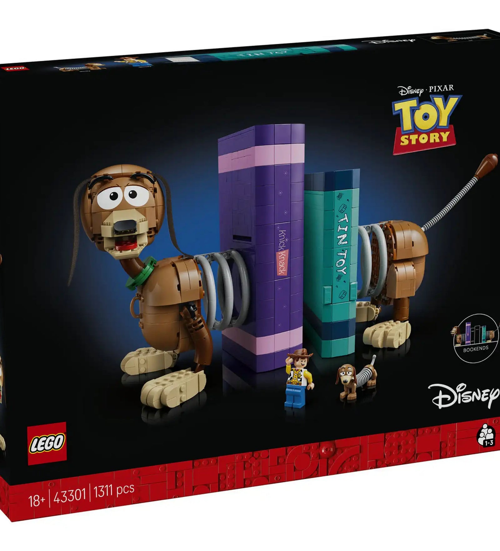 LEGO Disney: Toy Story: Slinky kutya könyvtámasz 43301, 1311 darabos – termék doboza elölről, kész modell és figurák megjelenítésével.