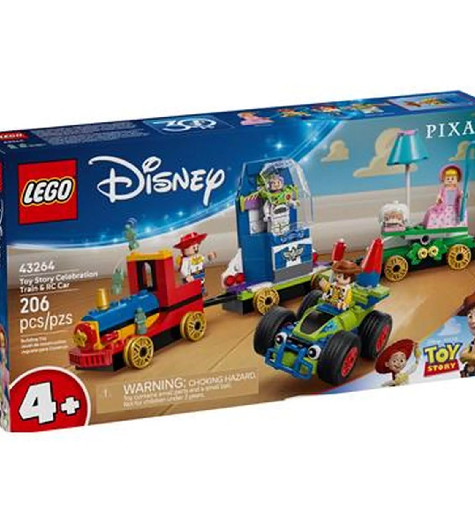 LEGO Disney: Toy Story ünnepi vonat és RC versenyautó 43264 – dobozkép elölről, látható a vonat, az RC autó és a négy minifigura.