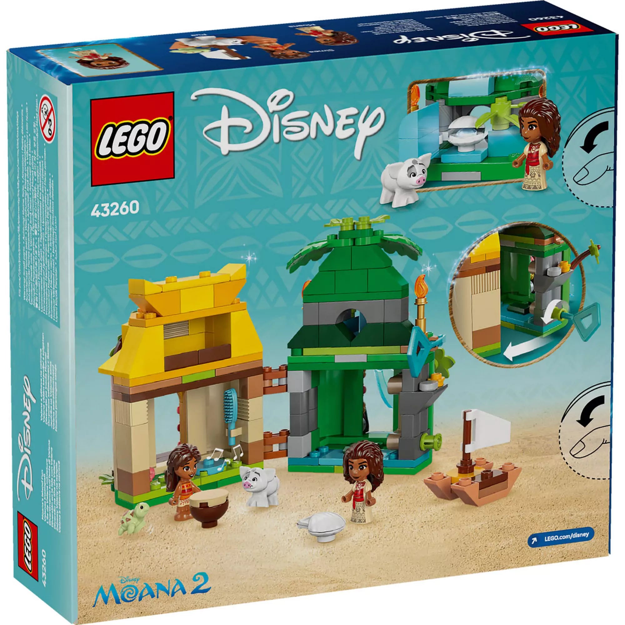 LEGO Disney Vaiana vidám kalandjai a szigeten (43260) hátoldalának képe, amely bemutatja a szett játékfunkcióit és a részleteket.