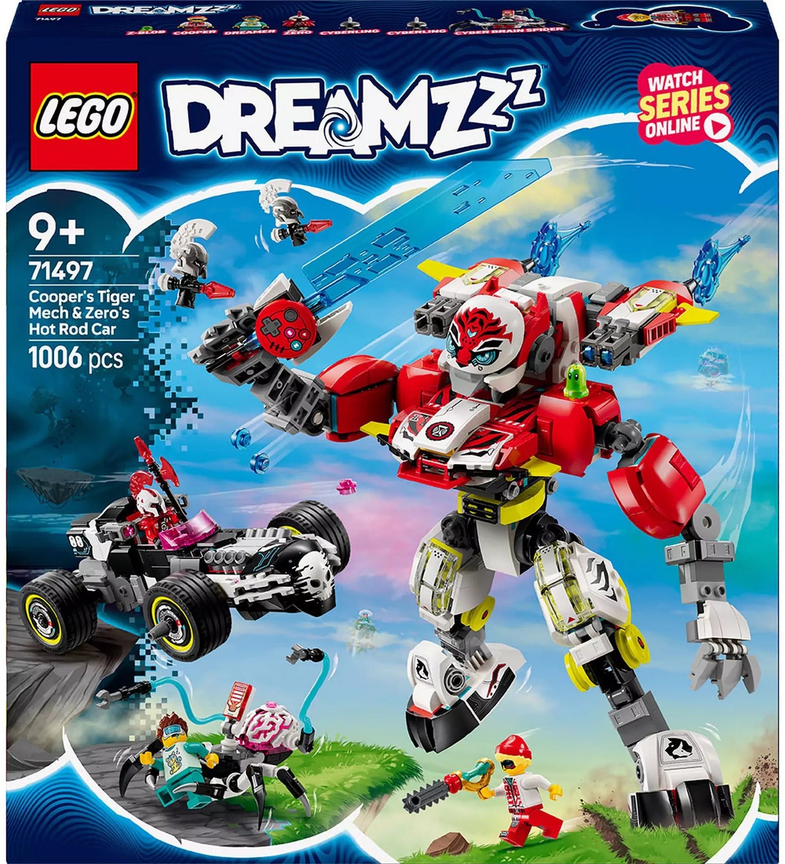 LEGO Dreamzzz Cooper tigrisrobotja és Zero hot rod autója (71497) termék doboza, kiemelve a készlet darabszámát és építési lehetőségeket.