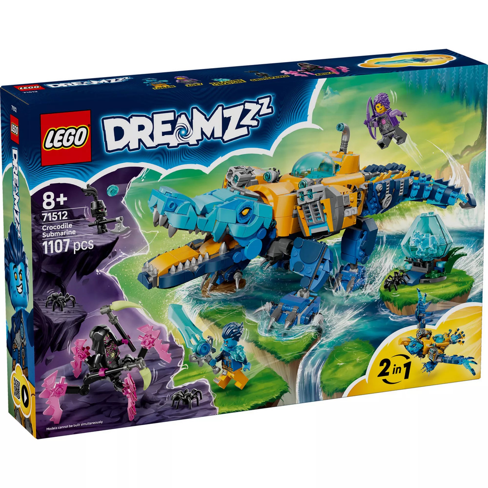 LEGO DREAMZzz 71512 Crocodile Submarine készlet dobozképe, krokodil formájú tengeralattjáróval, minifigurákkal és 2 az 1-ben építési lehetőséggel