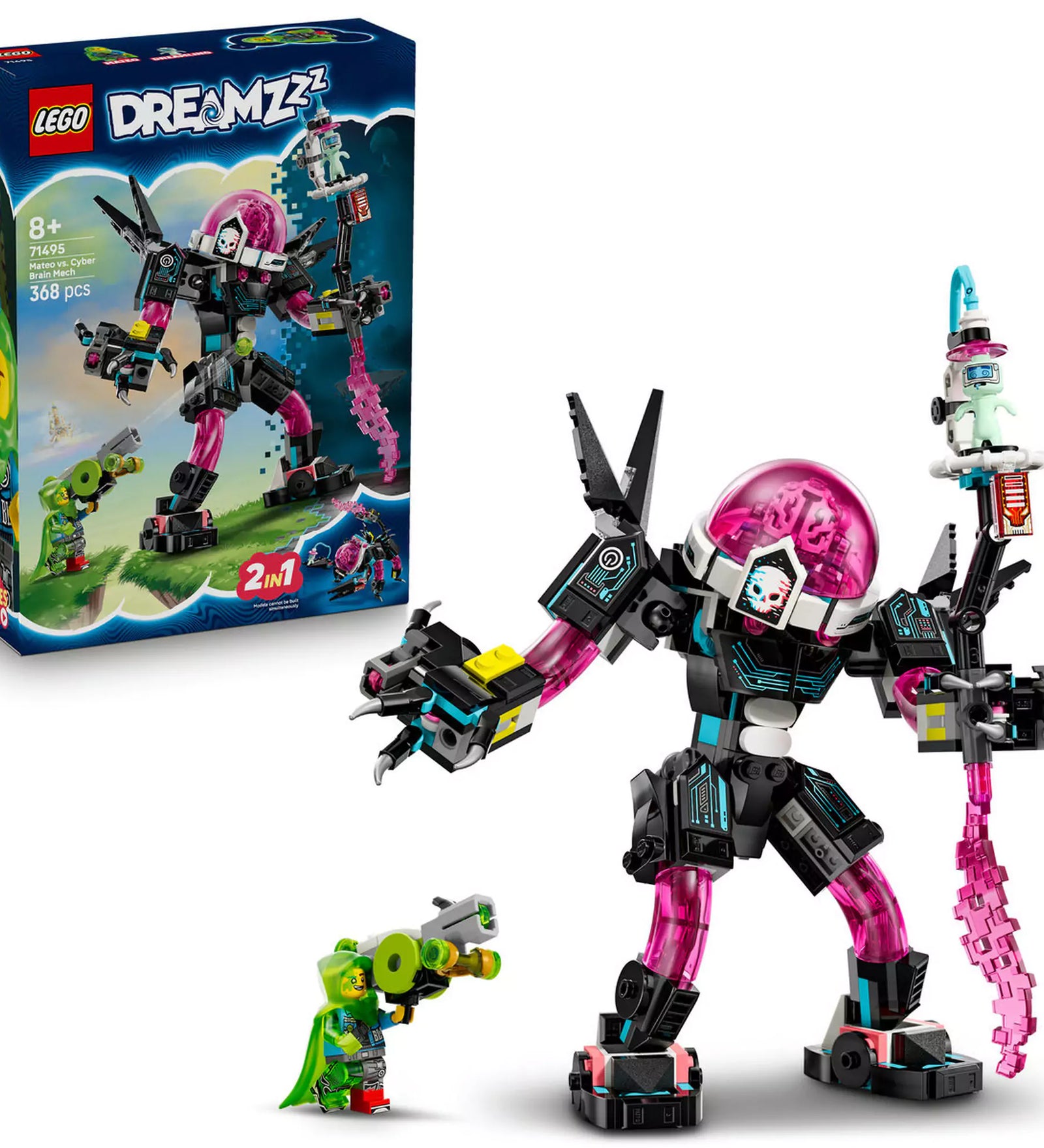 LEGO DREAMZzz: Mateo a kiberagyrobot ellen (71495) doboza és megépített modell Mateo és a robotfigura társaságában.
