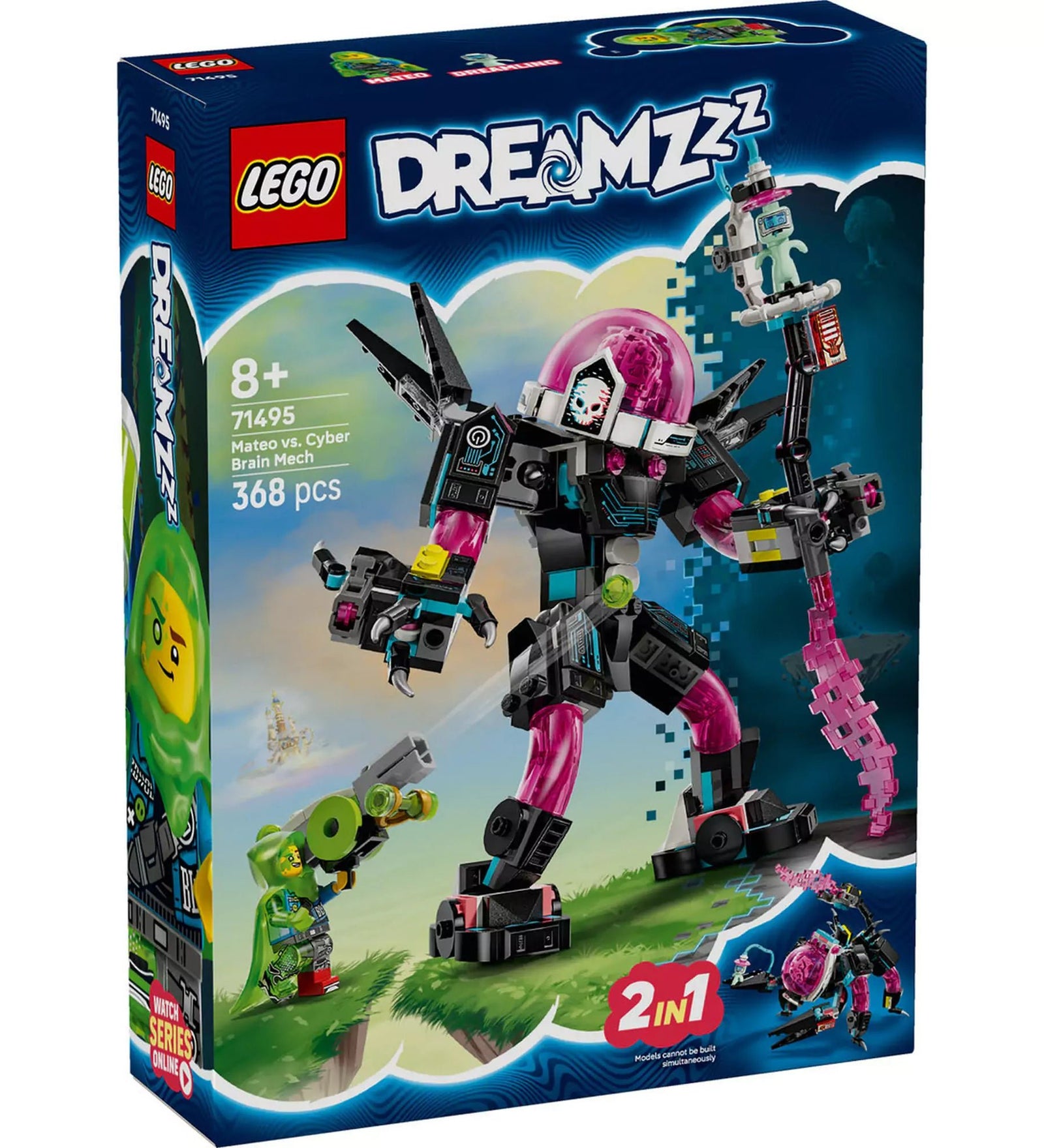 LEGO DREAMZzz: Mateo a kiberagyrobot ellen (71495) doboz, rajta a megépített robot és Mateo figura akció közben.