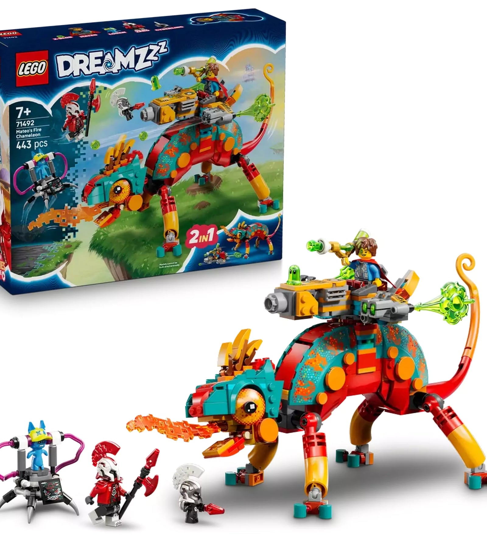 LEGO DREAMZzz: Mateo tűzkaméleonja (71492) doboz és a megépített tűzkaméleon figura Mateo minifigurával a hátán és kiegészítőkkel.