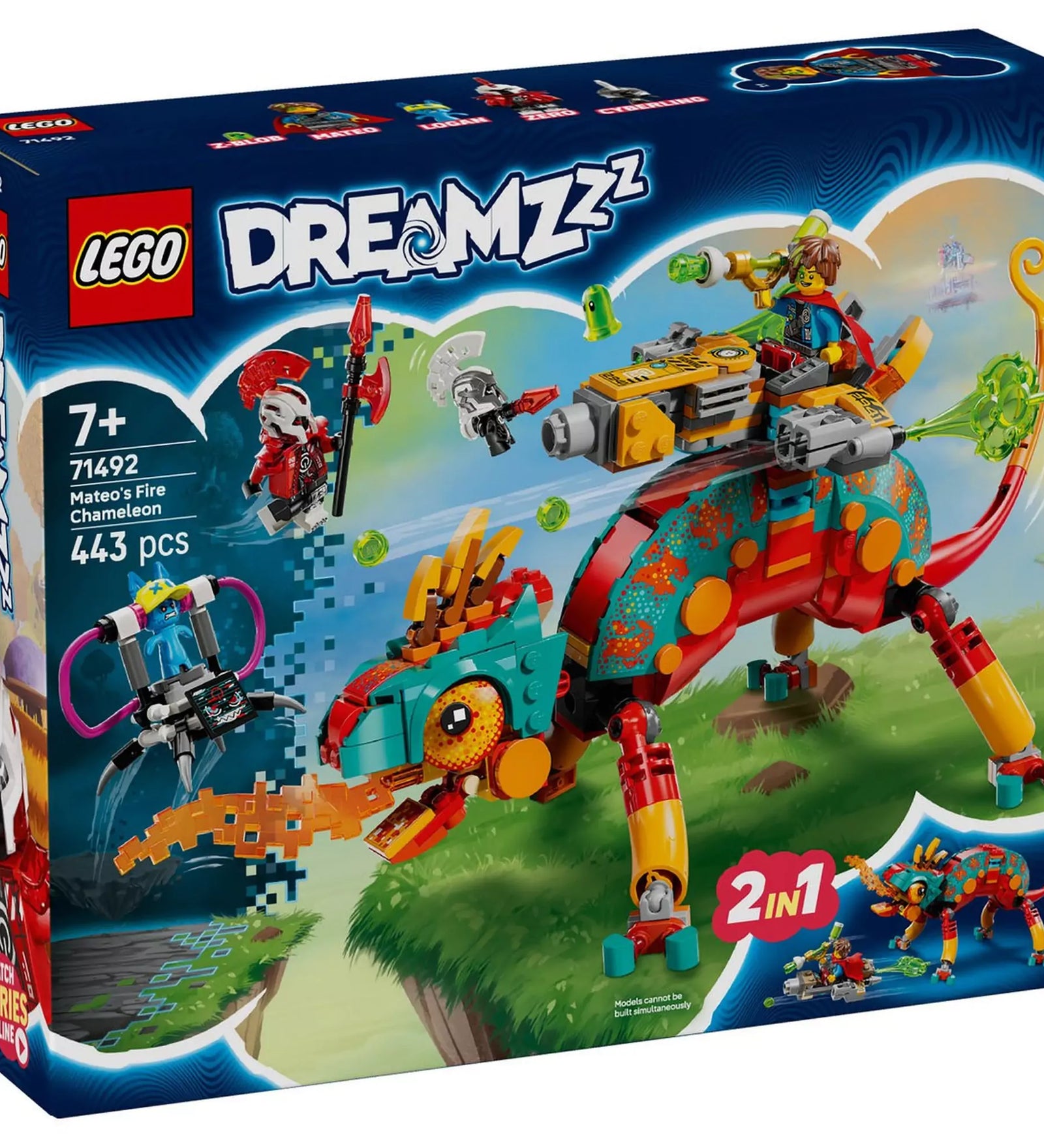 LEGO DREAMZzz: Mateo tűzkaméleonja (71492) készlet – a színes kaméleon tüzet okád, Mateo és ellenfelei akcióban a figurák között.
