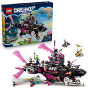 LEGO DREAMZzz Rémálom cápa-tengeralattjáró (71500) készlet – doboz és az épített cápa-modell minifigurákkal, 2 az 1-ben játékélménnyel.