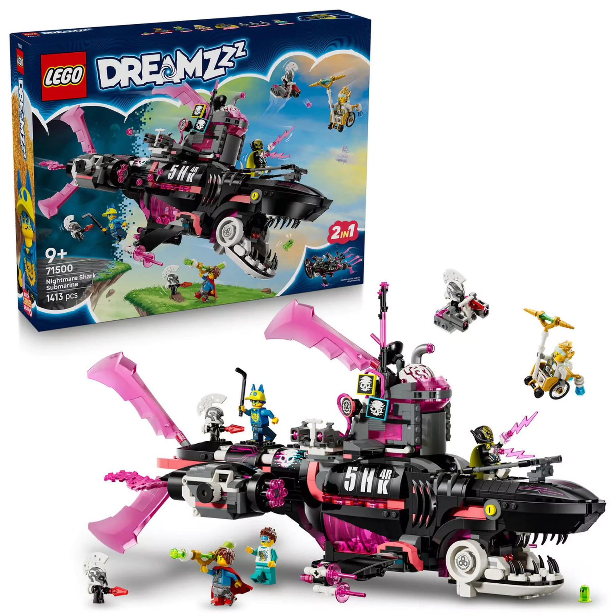 LEGO DREAMZzz Rémálom cápa-tengeralattjáró (71500) készlet – doboz és az épített cápa-modell minifigurákkal, 2 az 1-ben játékélménnyel.