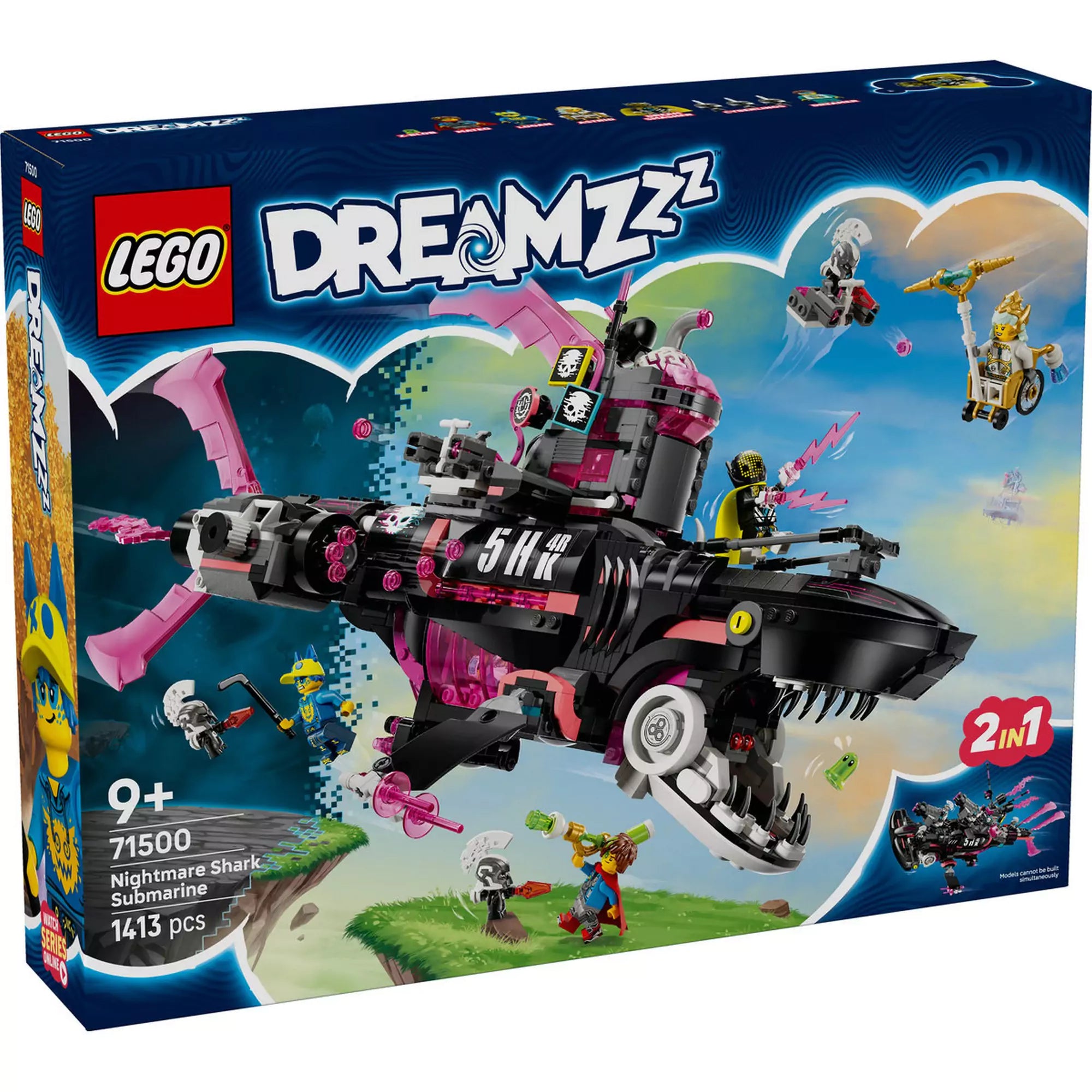 LEGO DREAMZzz Rémálom cápa-tengeralattjáró (71500) dobozkép – 1413 darabos, 9+ korosztálynak ajánlott építőkészlet, amely 2 az 1-ben építési lehetőséget kínál.