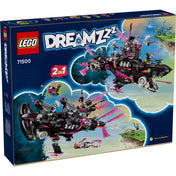 LEGO DREAMZzz 71500 doboz hátoldala – a készlet két építési lehetősége: cápa-tengeralattjáró és kalapácsfejű cápa-hadihajó, akciójelenetekkel bemutatva.
