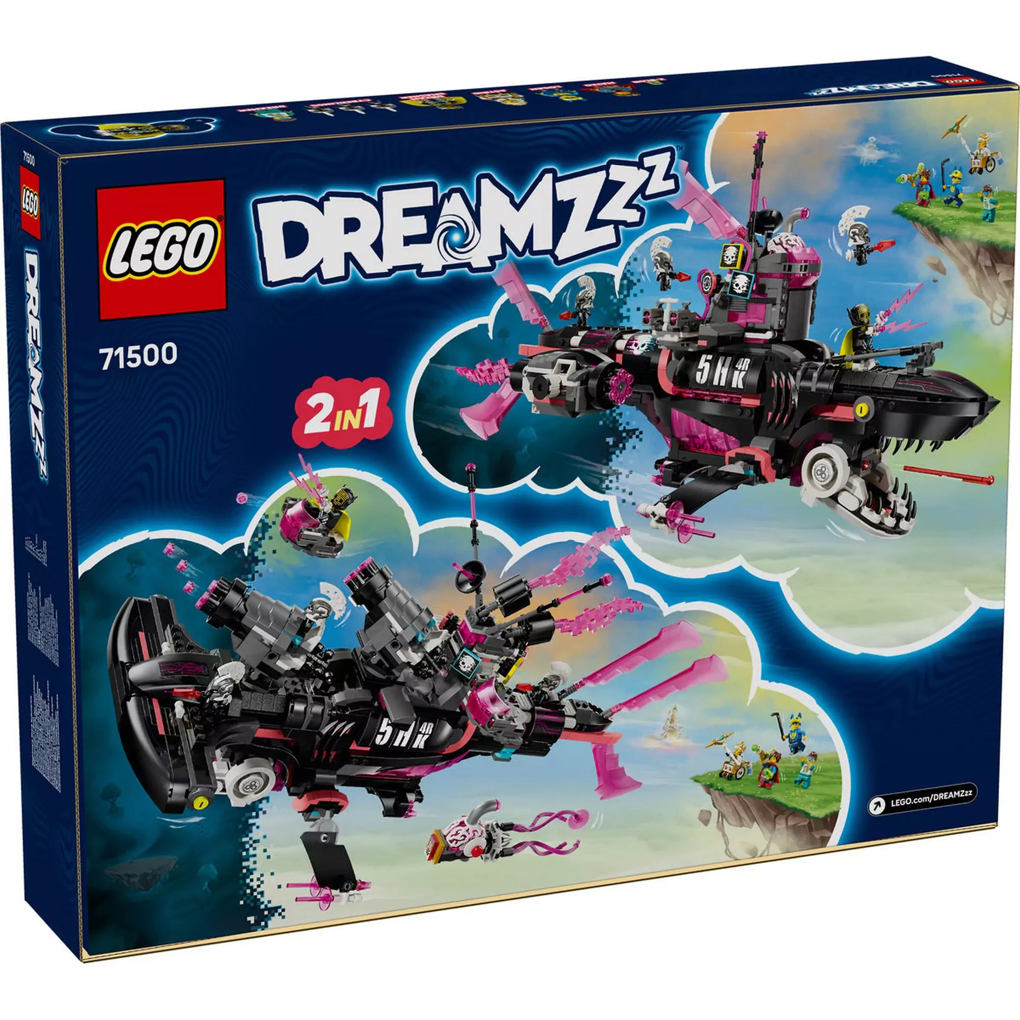 LEGO DREAMZzz 71500 doboz hátoldala – a készlet két építési lehetősége: cápa-tengeralattjáró és kalapácsfejű cápa-hadihajó, akciójelenetekkel bemutatva.