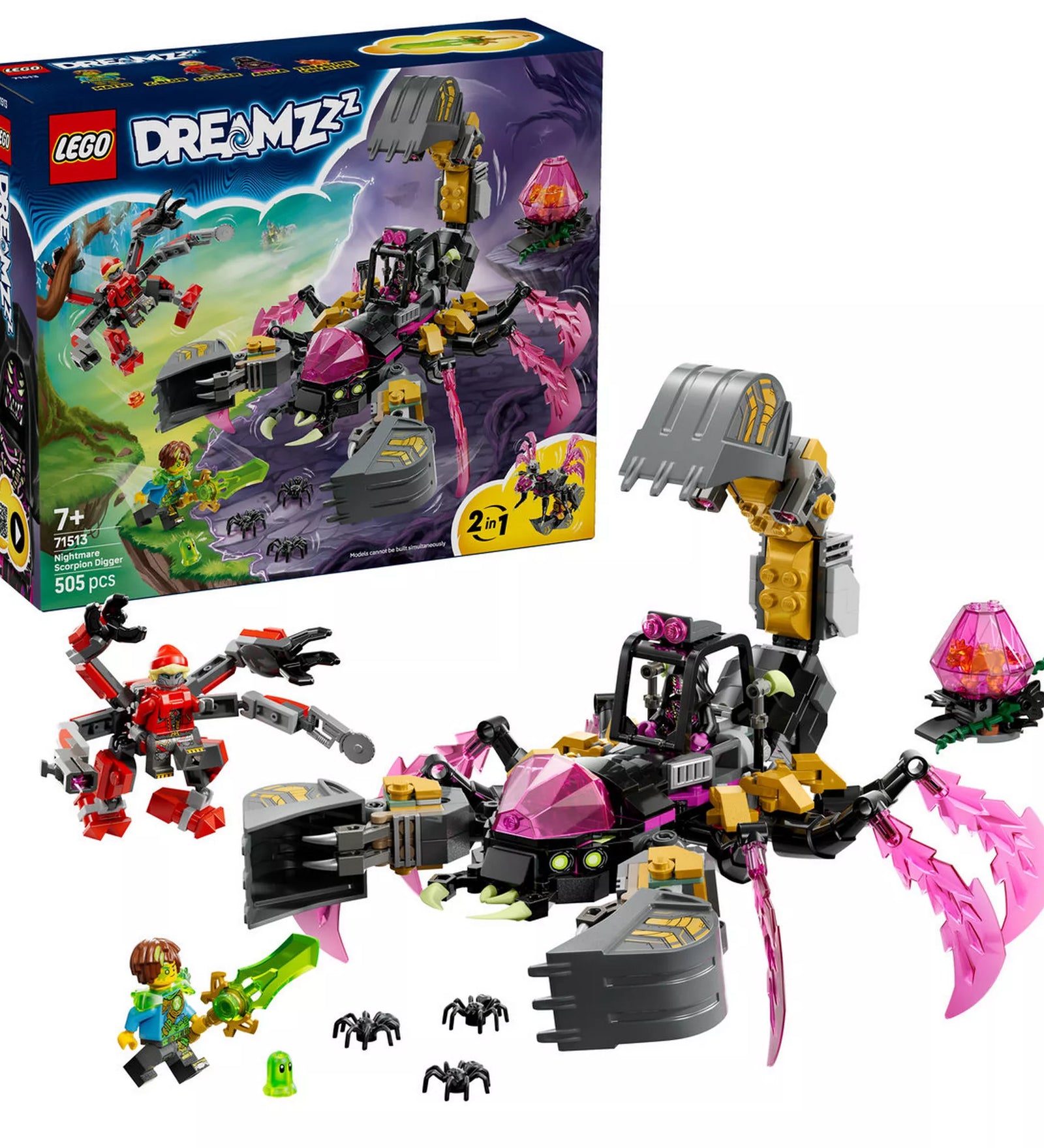 LEGO DREAMZzz Nightmare Scorpion Digger (71513) készlet fehér háttéren, a skorpió ásógéppel, minifigurákkal, pókokkal és a rózsaszín gyémánttojással.