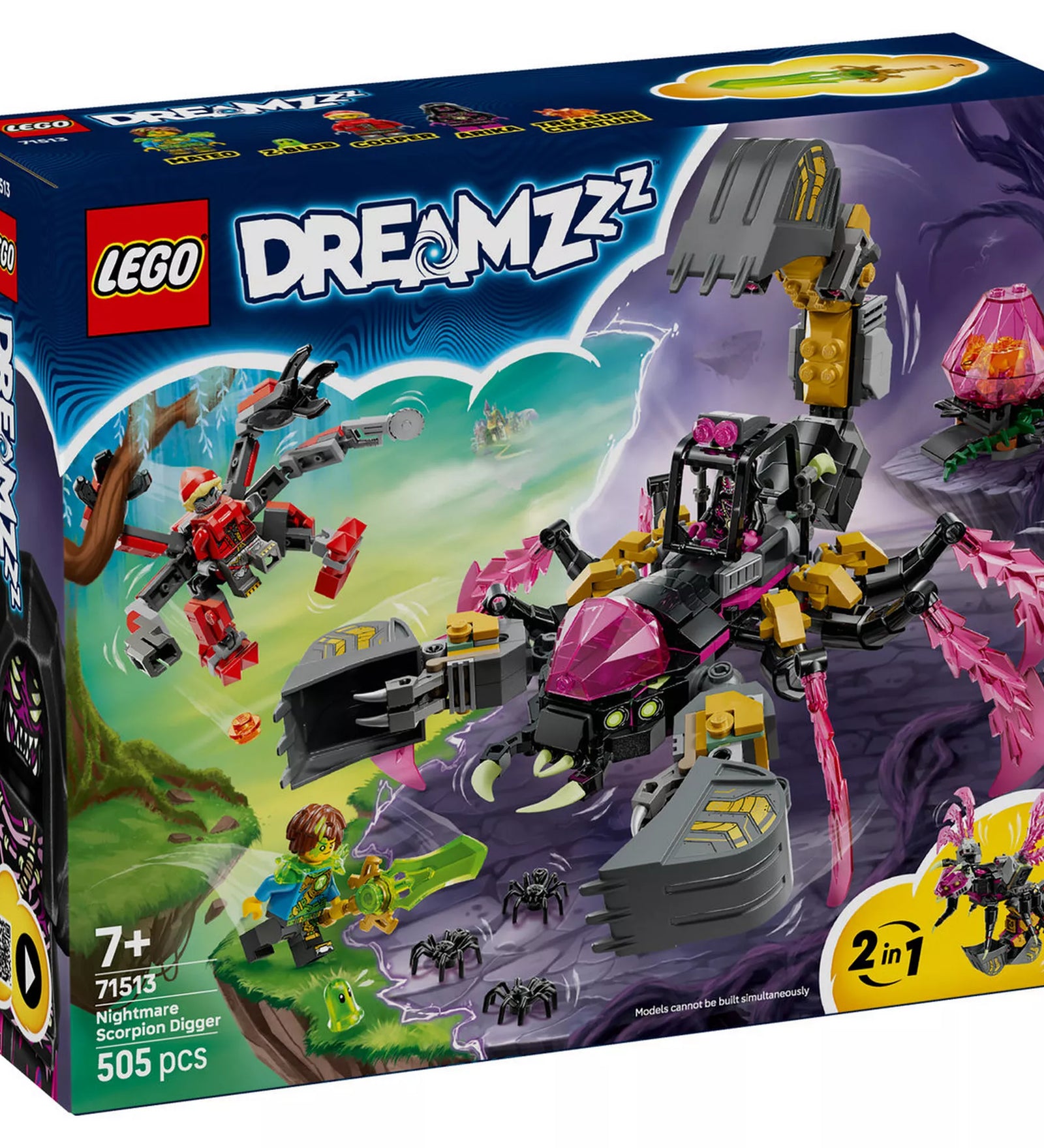 LEGO DREAMZzz Nightmare Scorpion Digger (71513) készlet doboza, az ásókarral felszerelt rémálom skorpióval, minifigurákkal és 2 az 1-ben építési lehetőséggel.