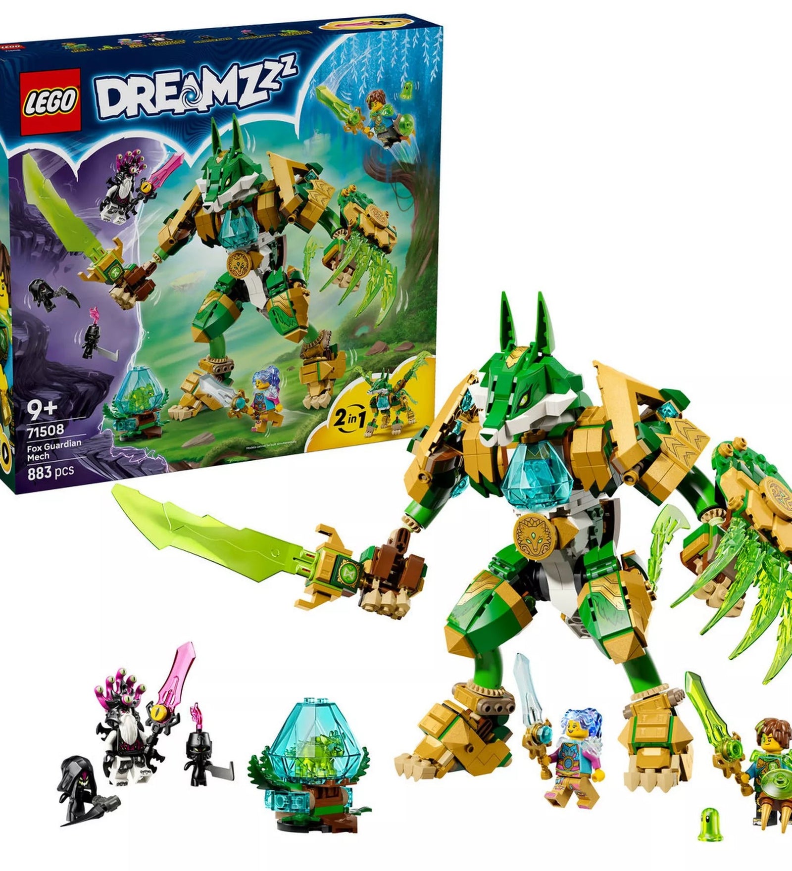 LEGO DREAMZzz 71508 Fox Guardian Mech készlet doboza és az elkészült mecha figura, minifigurákkal és kiegészítőkkel, fehér háttéren