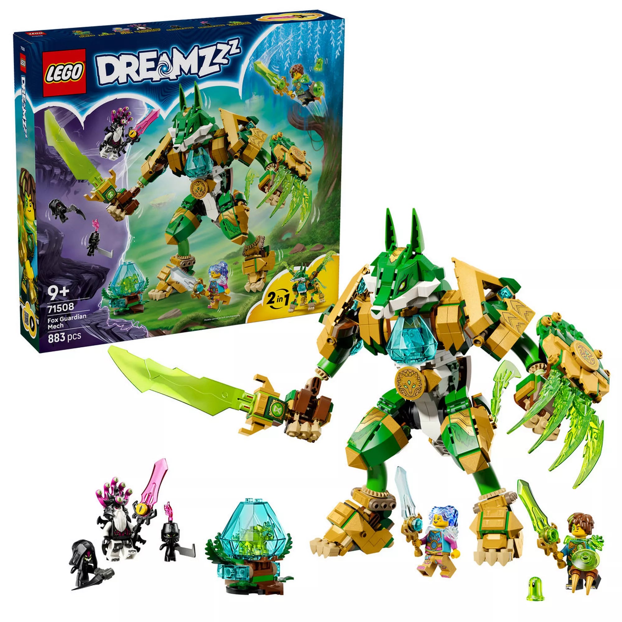 LEGO DREAMZzz 71508 Fox Guardian Mech készlet doboza és az elkészült mecha figura, minifigurákkal és kiegészítőkkel, fehér háttéren