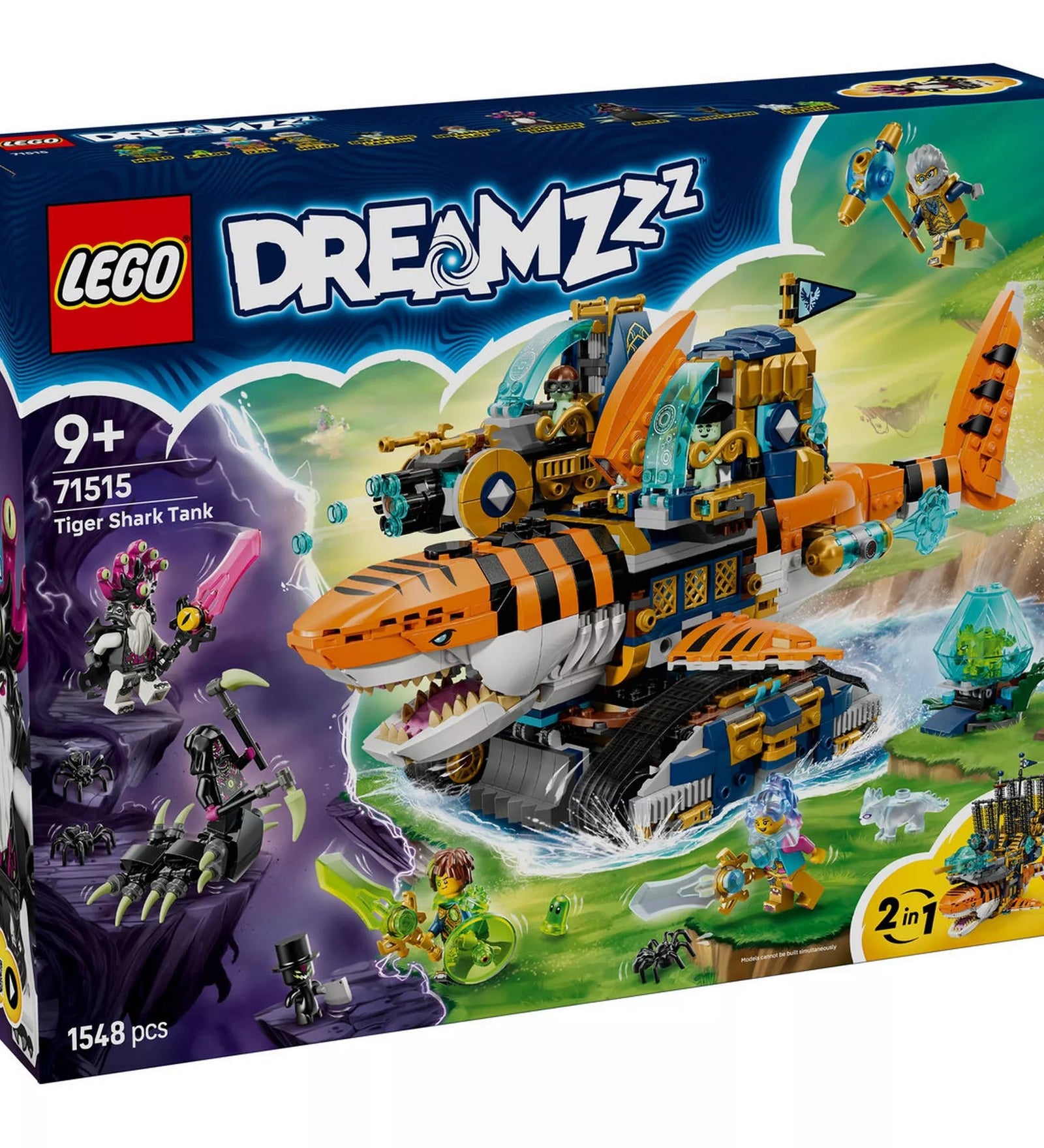 LEGO DREAMZzz Tigriscápatank (71515) készlet doboza, a lánctalpas tigriscápa tankkal, minifigurákkal és 2 az 1-ben építési lehetőséggel.