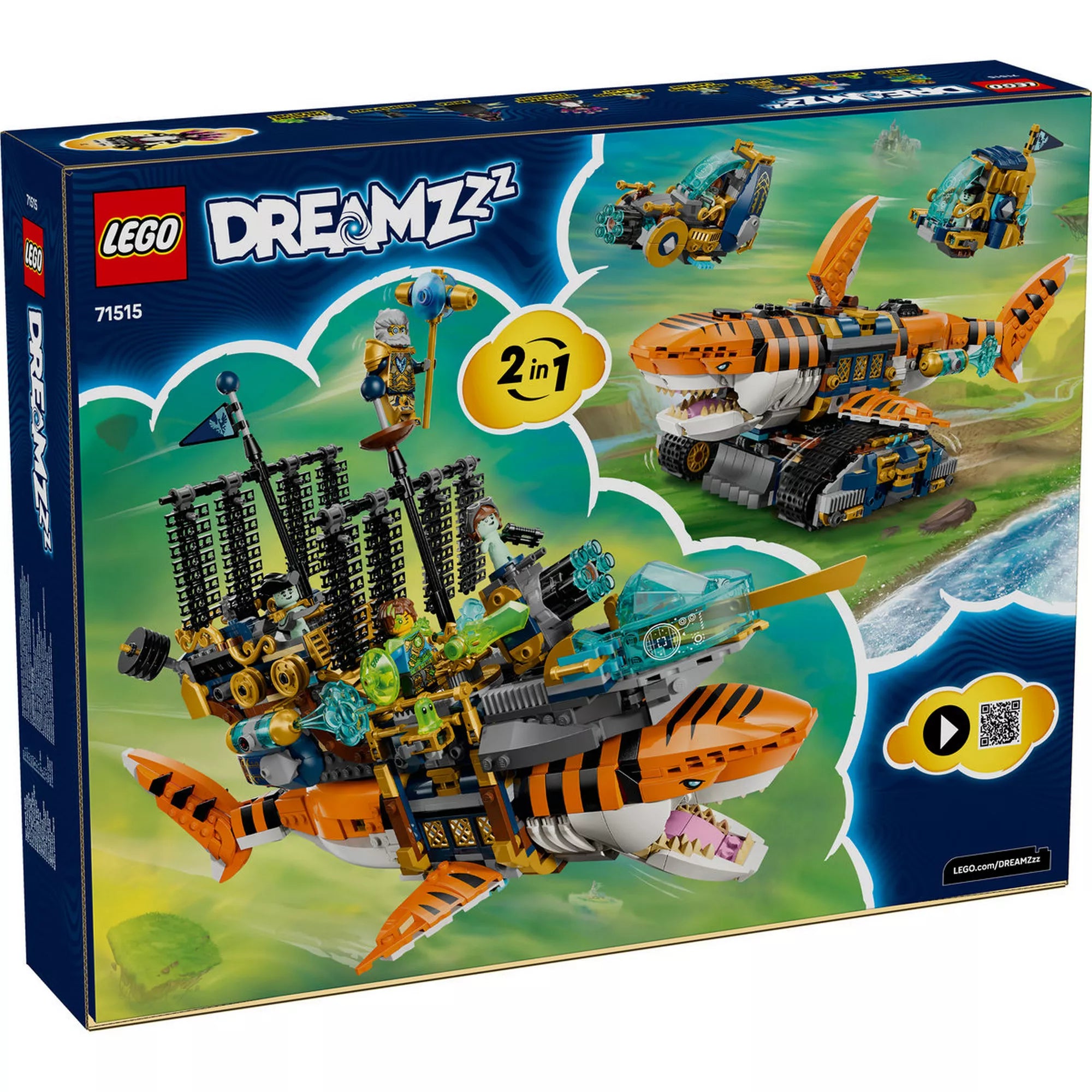 A LEGO DREAMZzz Tigriscápatank dobozának hátoldala, amely bemutatja a tigriscápatank és a tigriscápahajó alternatív építési módját.