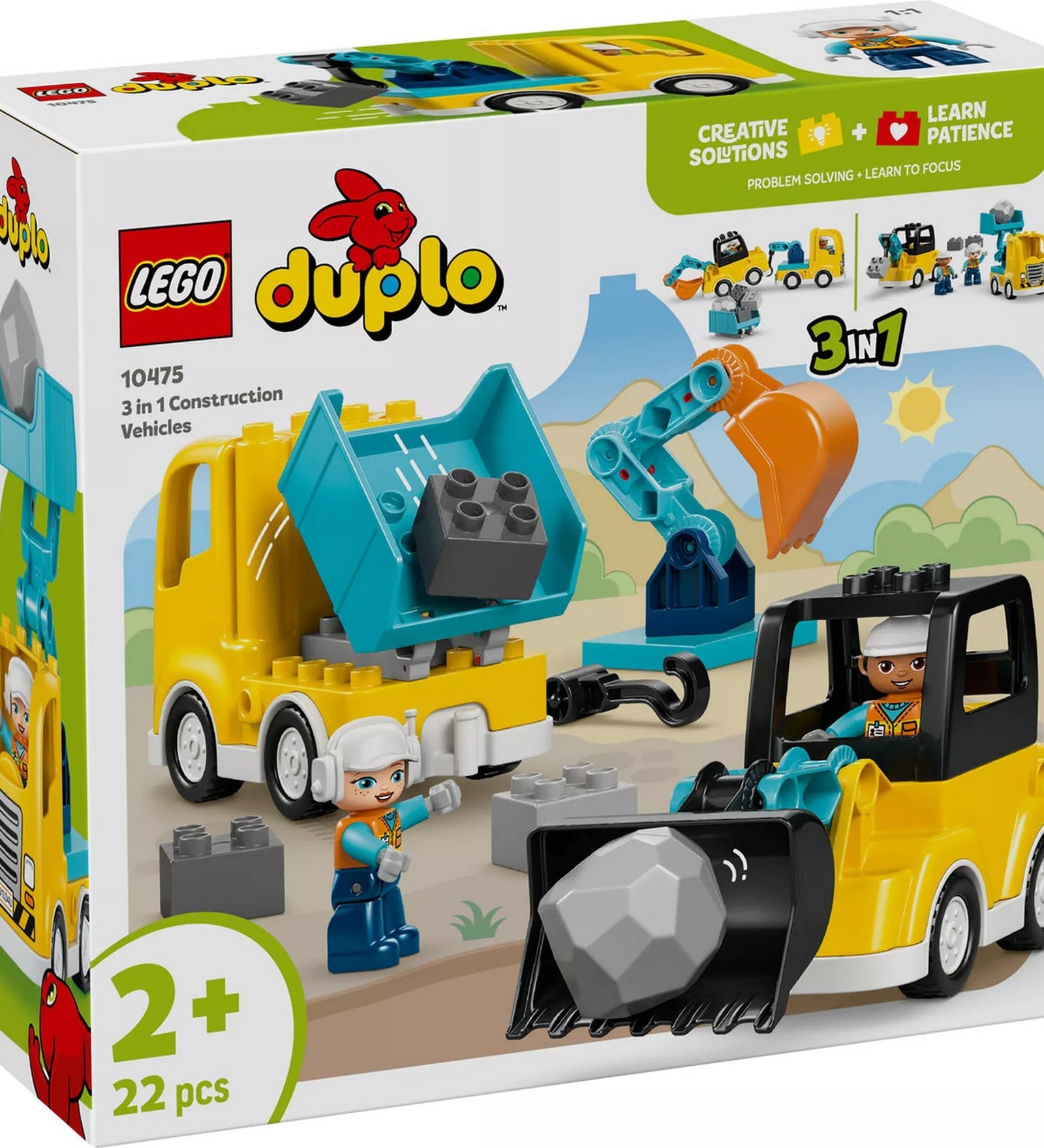 LEGO DUPLO Városom Építőipari járművek 3 az 1-ben (10475) készlet doboza, billenőplatós teherautóval, rakodógéppel, kotrógéppel és két építőmunkás figurával, 2 éves kortól.