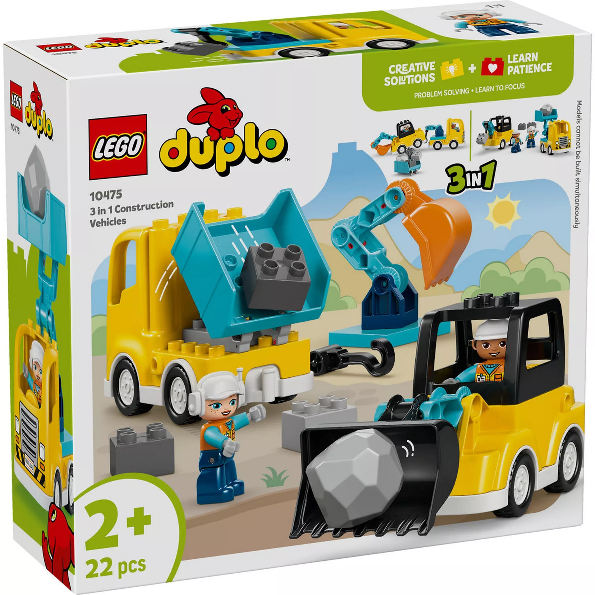 LEGO DUPLO Városom Építőipari járművek 3 az 1-ben (10475) készlet doboza, billenőplatós teherautóval, rakodógéppel, kotrógéppel és két építőmunkás figurával, 2 éves kortól.