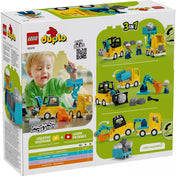 LEGO DUPLO 10475 építőipari járművek doboz hátoldala, amely bemutatja a 3 az 1-ben építési lehetőségeket, a különböző járműkombinációkat és a kreatív játékötleteket.