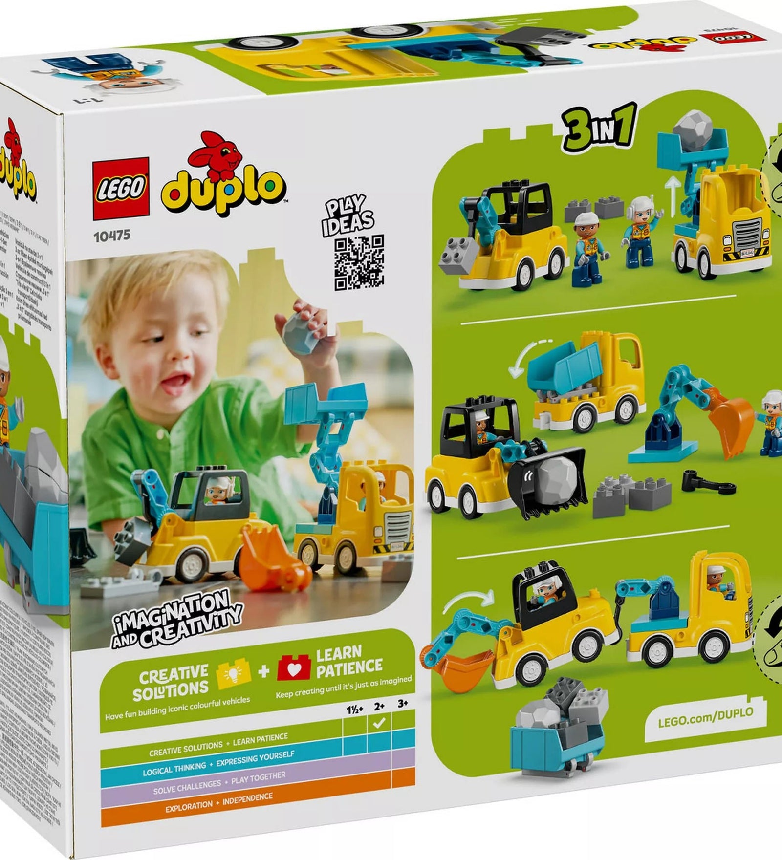 LEGO DUPLO 10475 építőipari járművek doboz hátoldala, amely bemutatja a 3 az 1-ben építési lehetőségeket, a különböző járműkombinációkat és a kreatív játékötleteket.