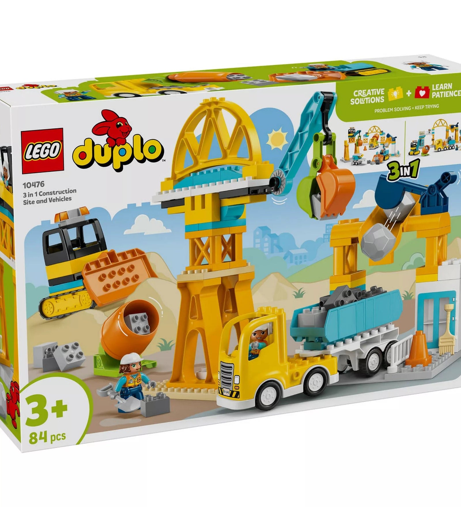 LEGO DUPLO Városom Építési terület és építőipari járművek 3 az 1-ben (10476) készlet dobozának előlapja, daruval, billenőplatós teherautóval, betonkeverővel és munkásfigurákkal.