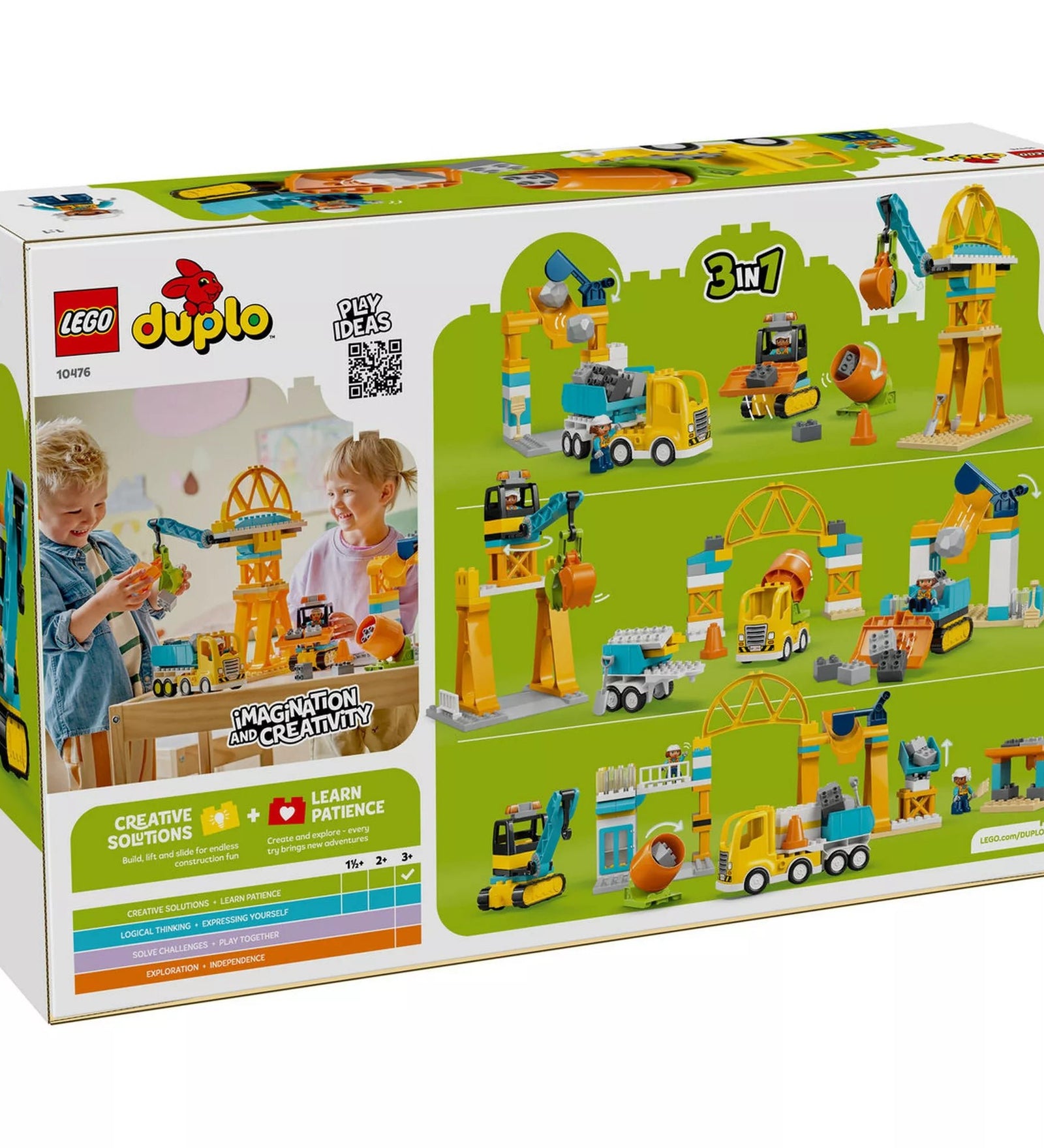 LEGO DUPLO Építési terület 3 az 1-ben játékkészlet dobozának hátoldala, amely bemutatja az átalakítható építési jeleneteket, darut, hidat, rakodóállomást és járműveket.