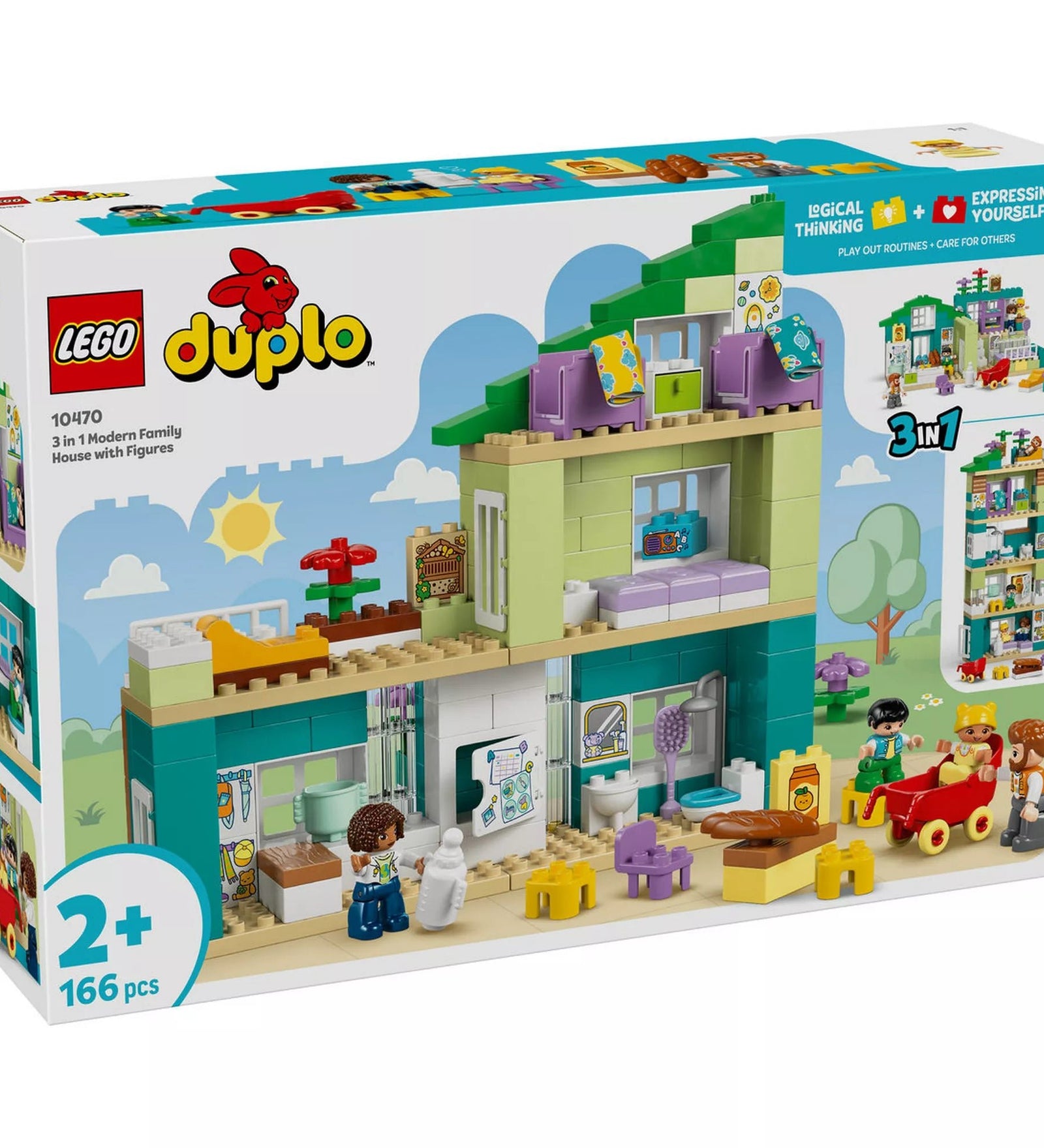 LEGO® DUPLO® Modern családi ház 3 az 1-ben figurákkal (10470) készlet dobozának eleje, színes babaház modellel, családi figurákkal és 3 az 1-ben építési lehetőséggel