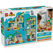 LEGO® DUPLO® Modern családi ház 3 az 1-ben (10470) doboz hátoldala, három különböző házvariációval, játékötletekkel és fejlesztési előnyök bemutatásával