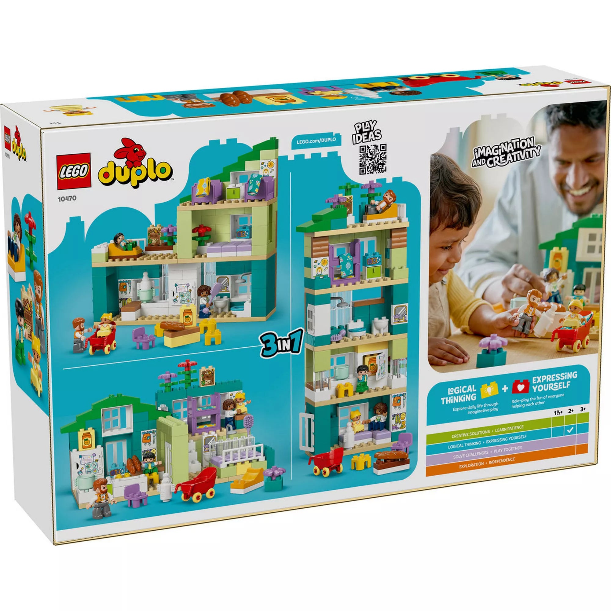 LEGO® DUPLO® Modern családi ház 3 az 1-ben (10470) doboz hátoldala, három különböző házvariációval, játékötletekkel és fejlesztési előnyök bemutatásával