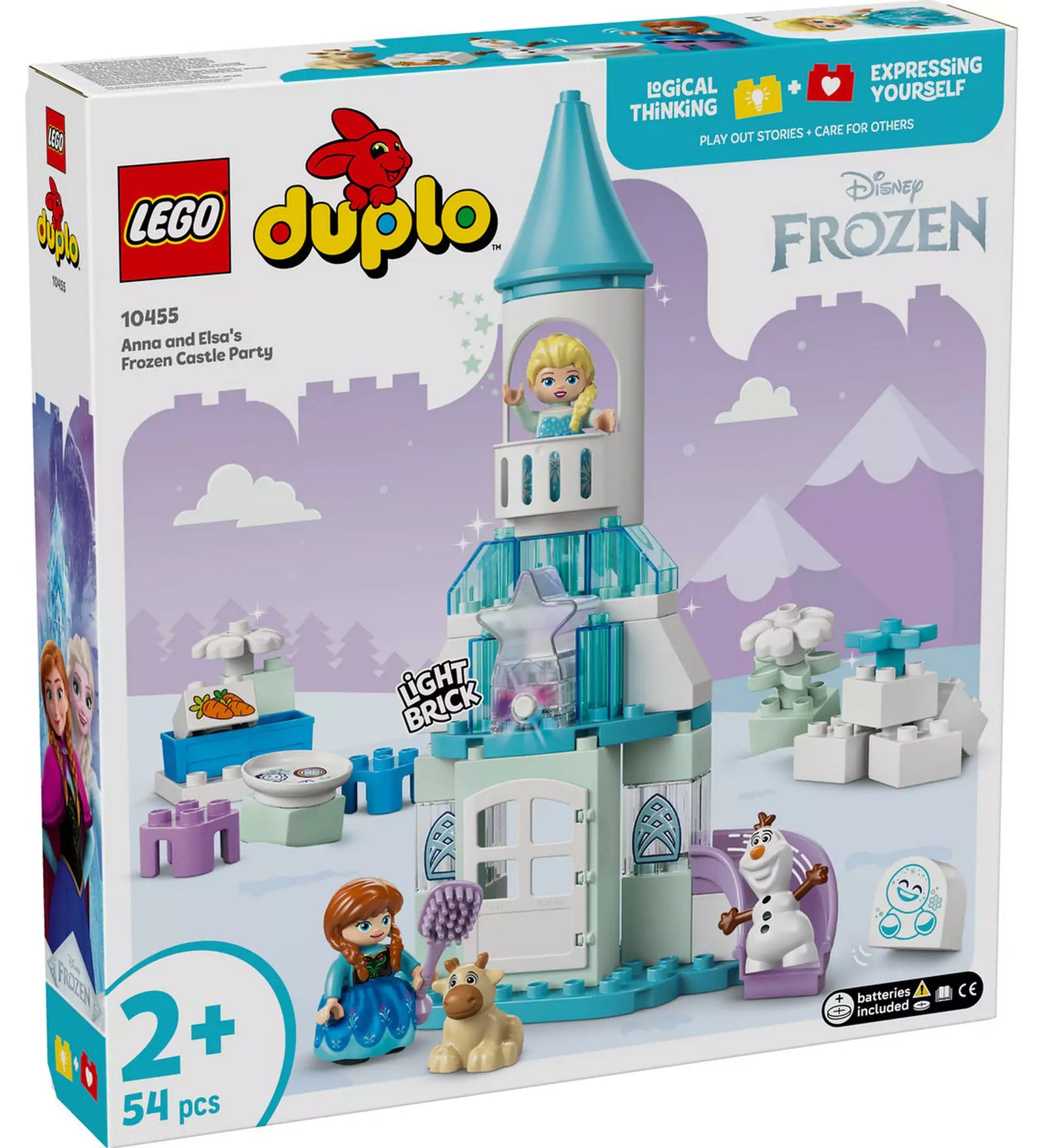 LEGO Duplo: Anna és Elza jégkastély partija (10455) doboz előlapja, rajta a kastély, Anna, Elza, Olaf, Sven és kiegészítők.