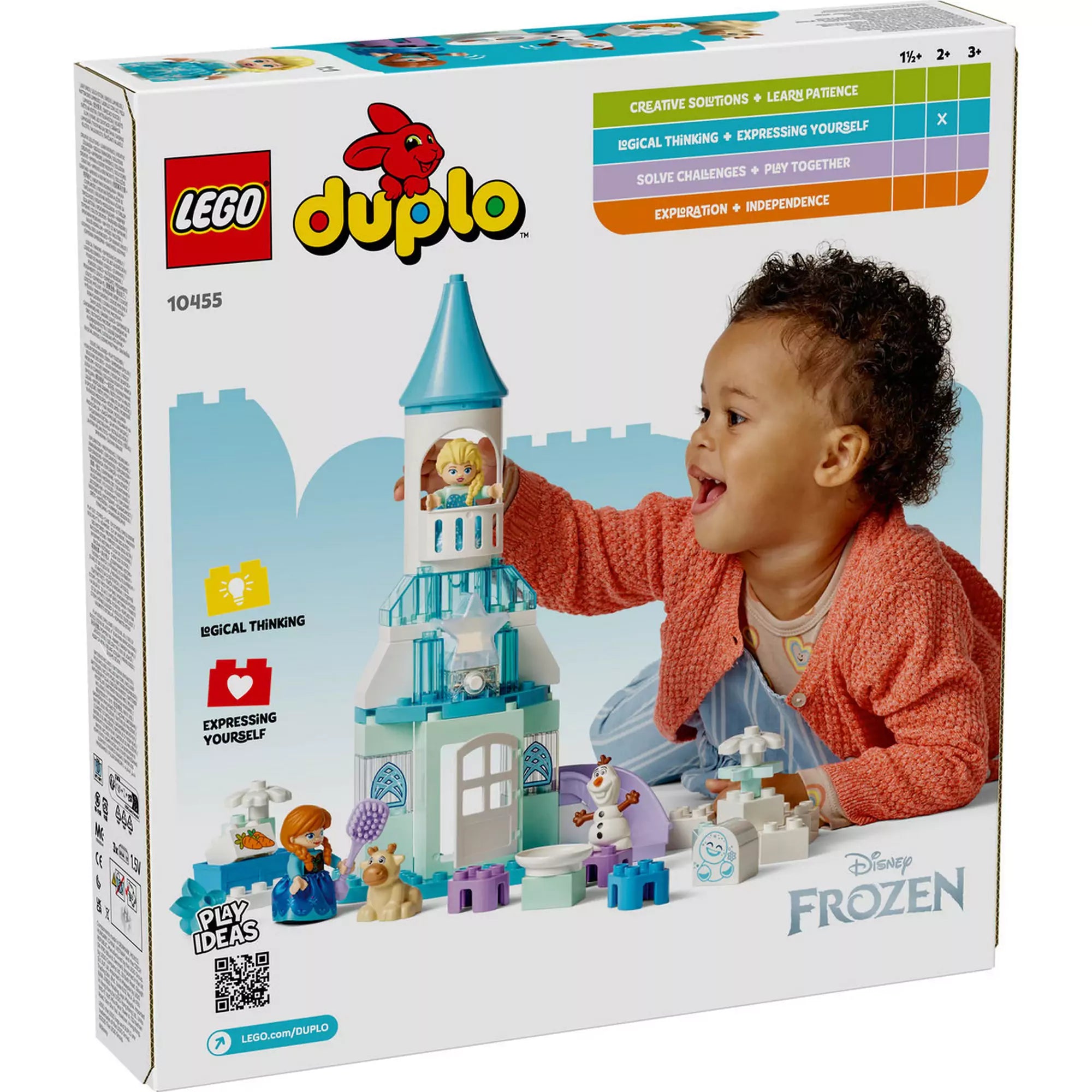 LEGO Duplo: Anna és Elza jégkastély partija (10455) doboz hátlapja, gyerek játszik a kastéllyal és szereplőkkel.