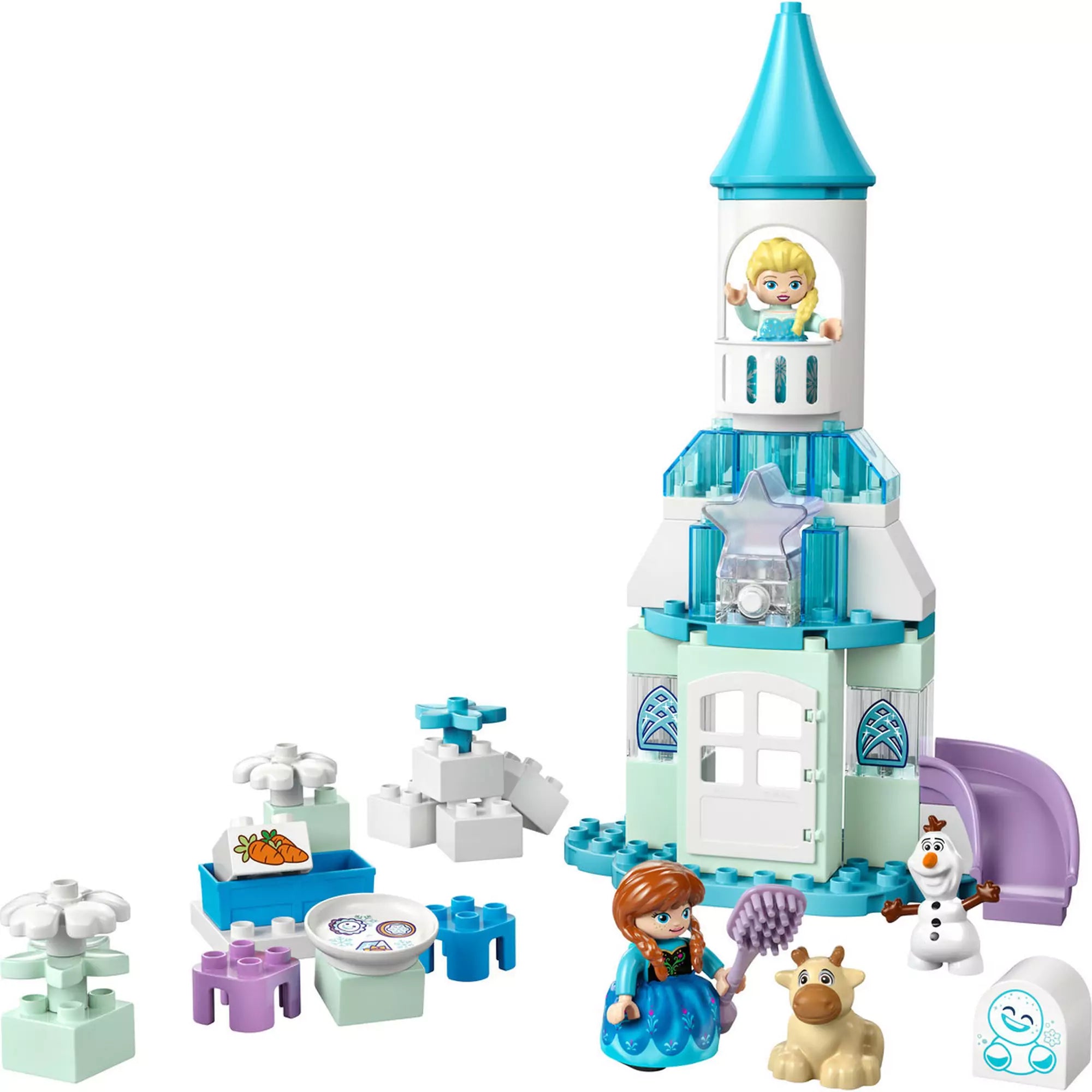 LEGO Duplo: Anna és Elza jégkastély partija (10455) szett tartalma: épített kastély, Anna, Olaf, Sven, díszek és világító elem.