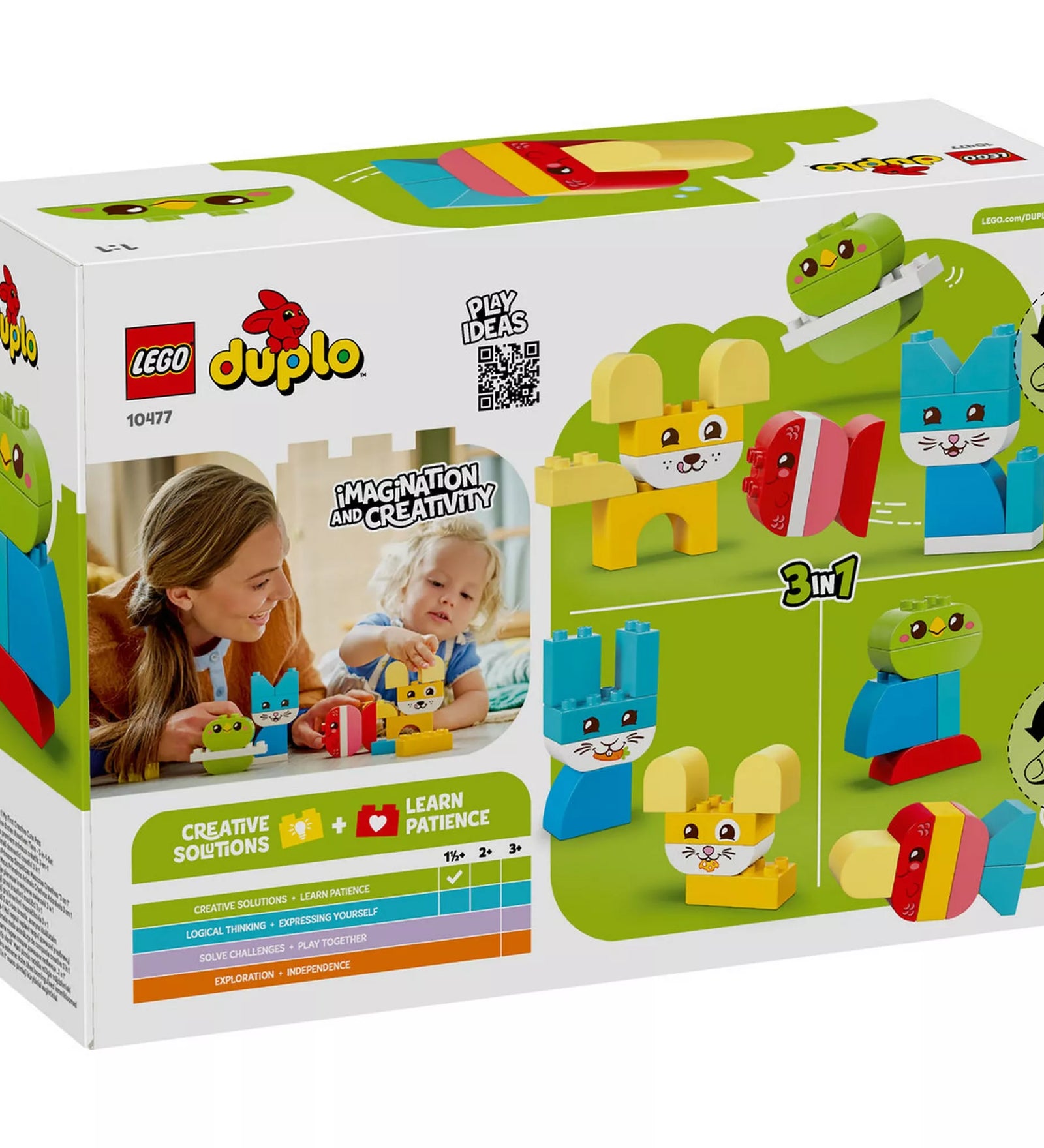 LEGO DUPLO 10477 doboz hátoldala, amely bemutatja a 3 az 1-ben építési lehetőségeket, a variálható állatfigurákat és a kreatív, tanulást segítő játékfunkciókat.