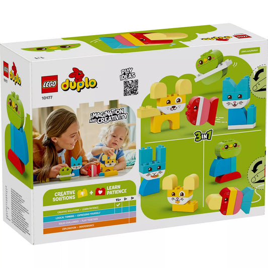 LEGO DUPLO 10477 doboz hátoldala, amely bemutatja a 3 az 1-ben építési lehetőségeket, a variálható állatfigurákat és a kreatív, tanulást segítő játékfunkciókat.