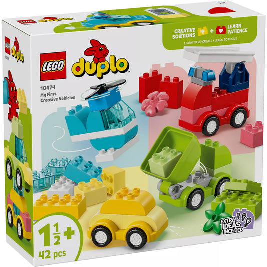 LEGO DUPLO Kreatív járművek (10474) 42 darabos készlet doboza elölnézetből, színes autókkal, helikopterrel és billenős teherautóval, kisgyermekeknek tervezett kreatív építőjátékkal.