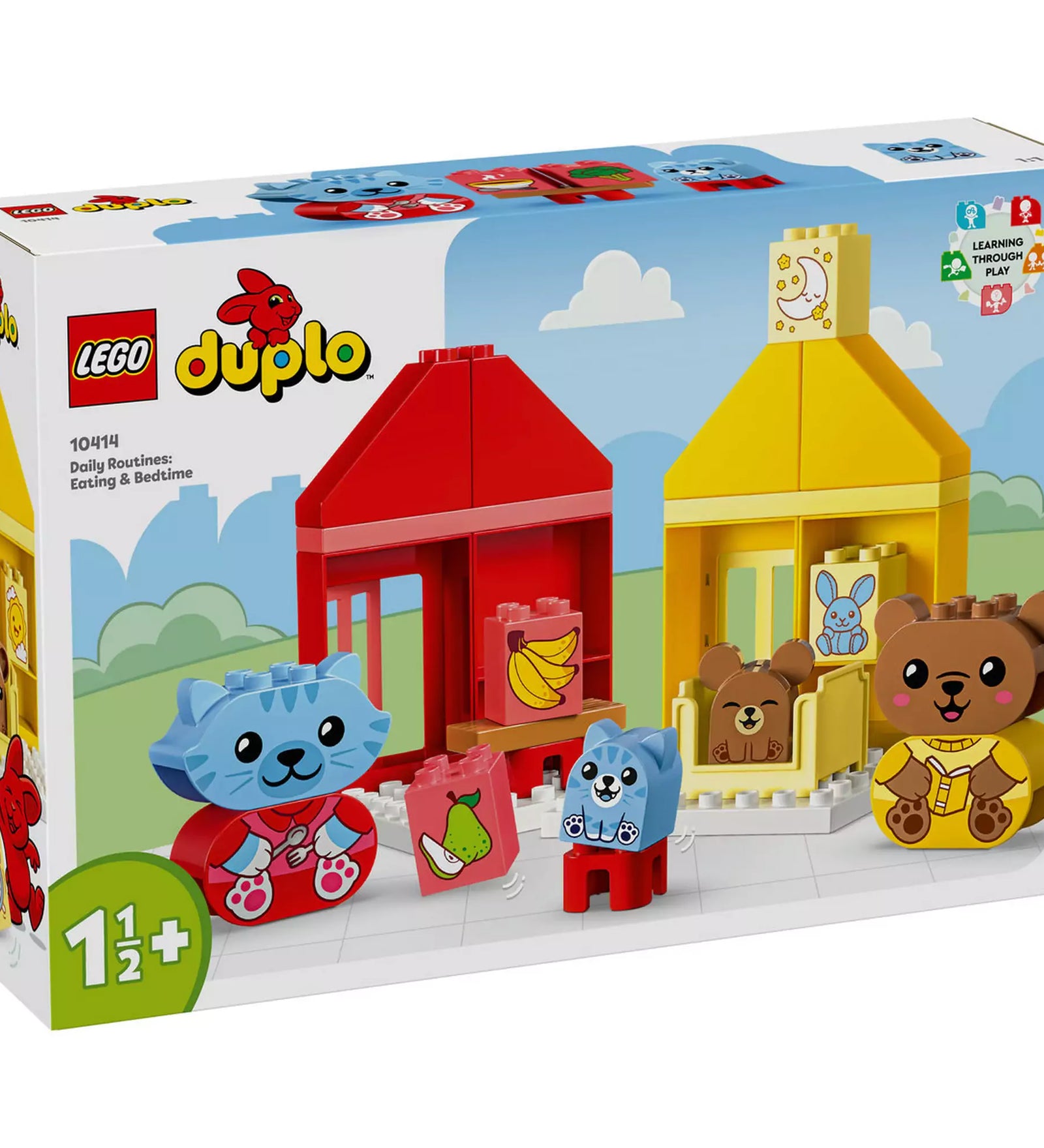 LEGO Duplo Napi rutin: vacsora és alvás doboz elölnézet – A LEGO Duplo 10414 készlet doboza, rajta piros és sárga házikók, állatfigurák és ételmotívumok, 1,5 éves kortól ajánlva.